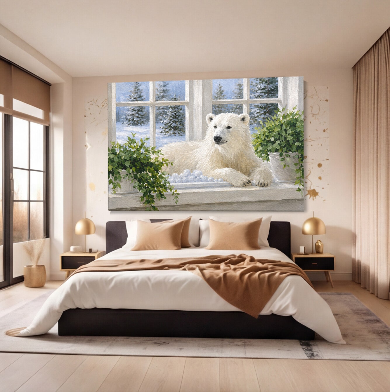 Tablou Canvas Premium LuxCanva® M1675, Urs Polar La Fereastra, Urs Polar, Iarna, Fereastra, Living, Natura, Culori Vibrante