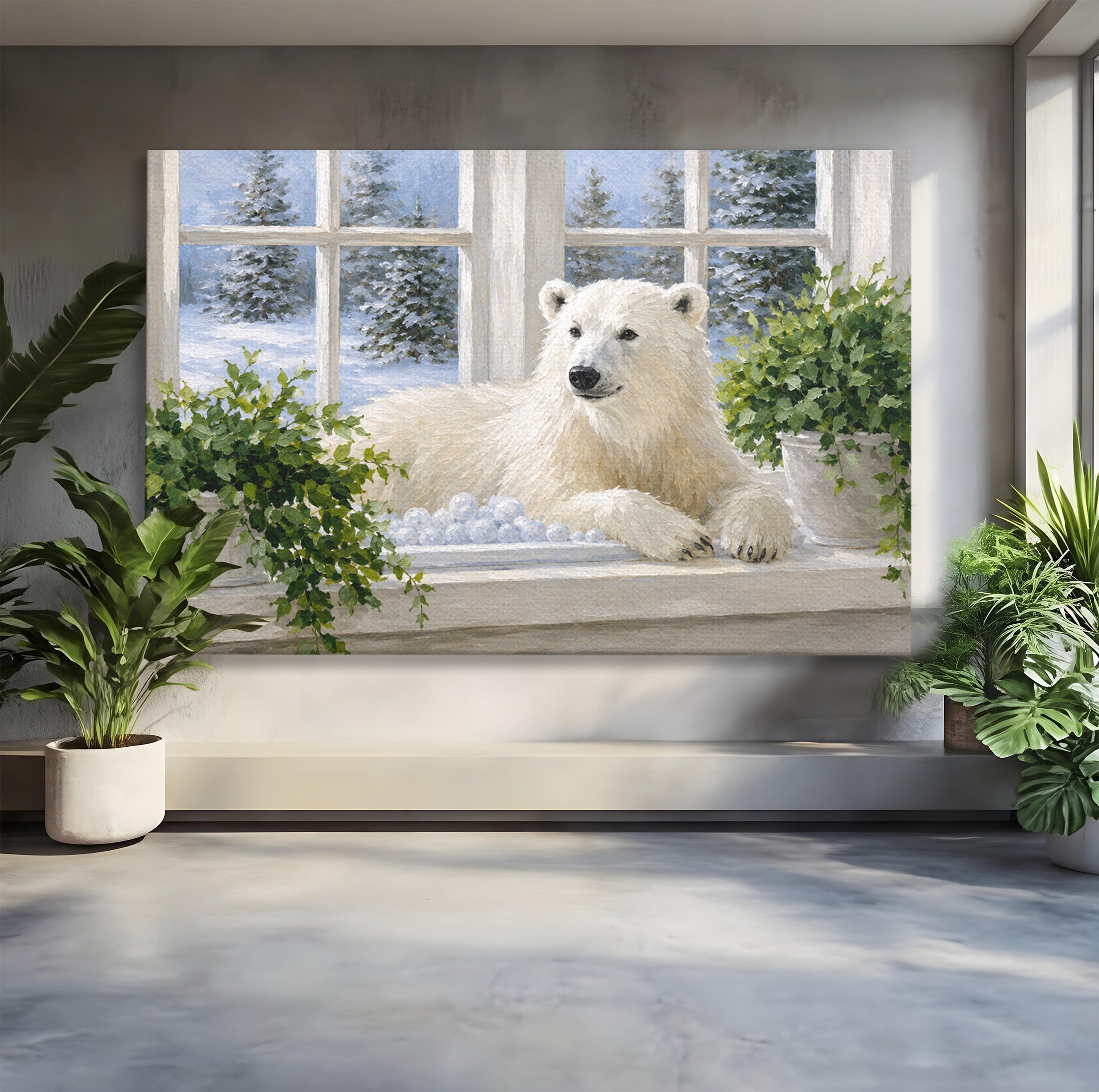 Tablou Canvas Premium LuxCanva® M1675, Urs Polar La Fereastra, Urs Polar, Iarna, Fereastra, Living, Natura, Culori Vibrante
