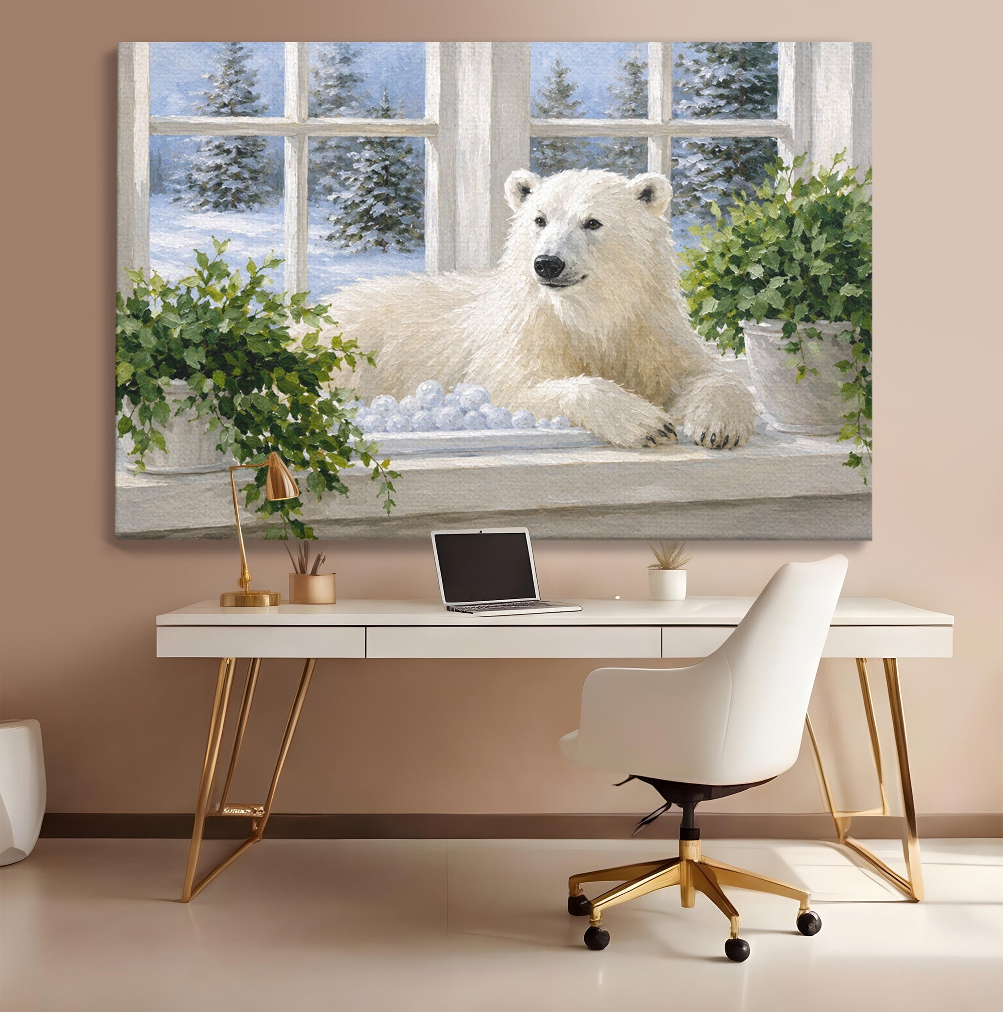 Tablou Canvas Premium LuxCanva® M1675, Urs Polar La Fereastra, Urs Polar, Iarna, Fereastra, Living, Natura, Culori Vibrante