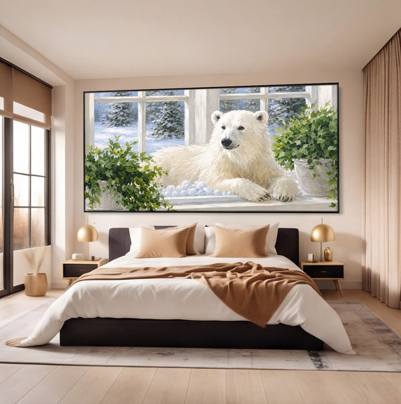 Tablou Canvas Premium LuxCanva® M1675, Urs Polar La Fereastra, Urs Polar, Iarna, Fereastra, Living, Natura, Culori Vibrante