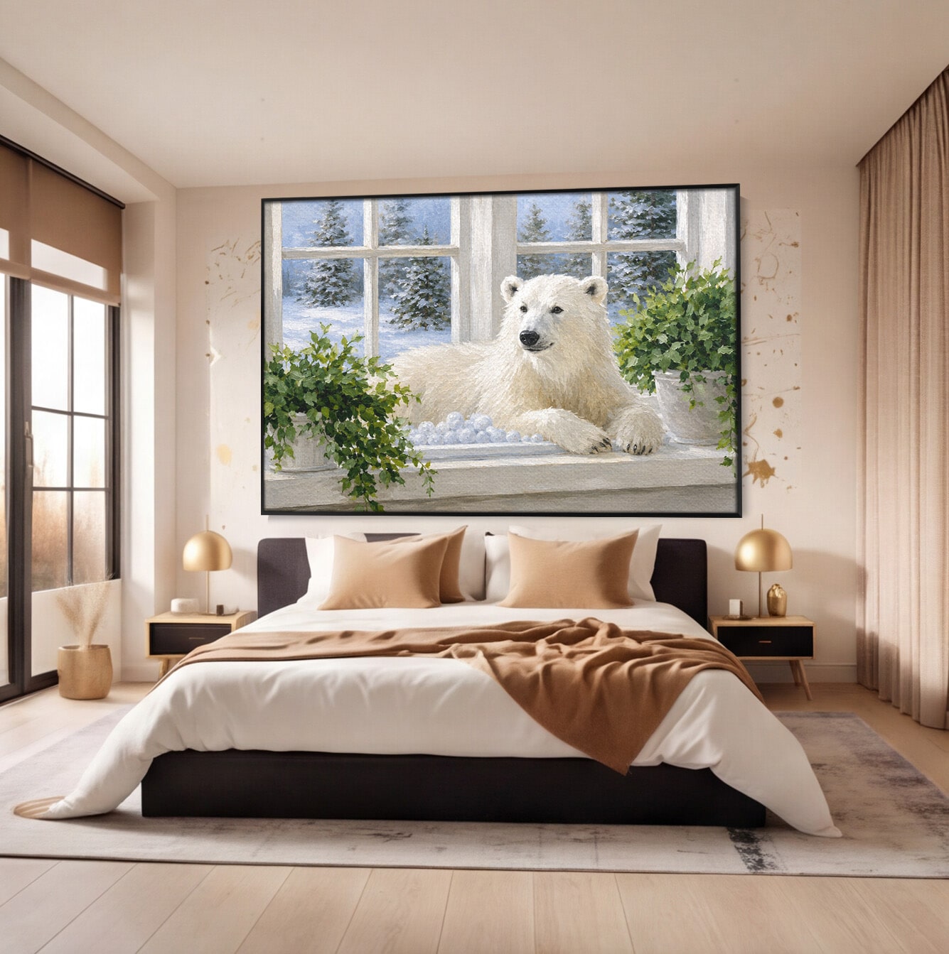 Tablou Canvas Premium LuxCanva® M1675, Urs Polar La Fereastra, Urs Polar, Iarna, Fereastra, Living, Natura, Culori Vibrante
