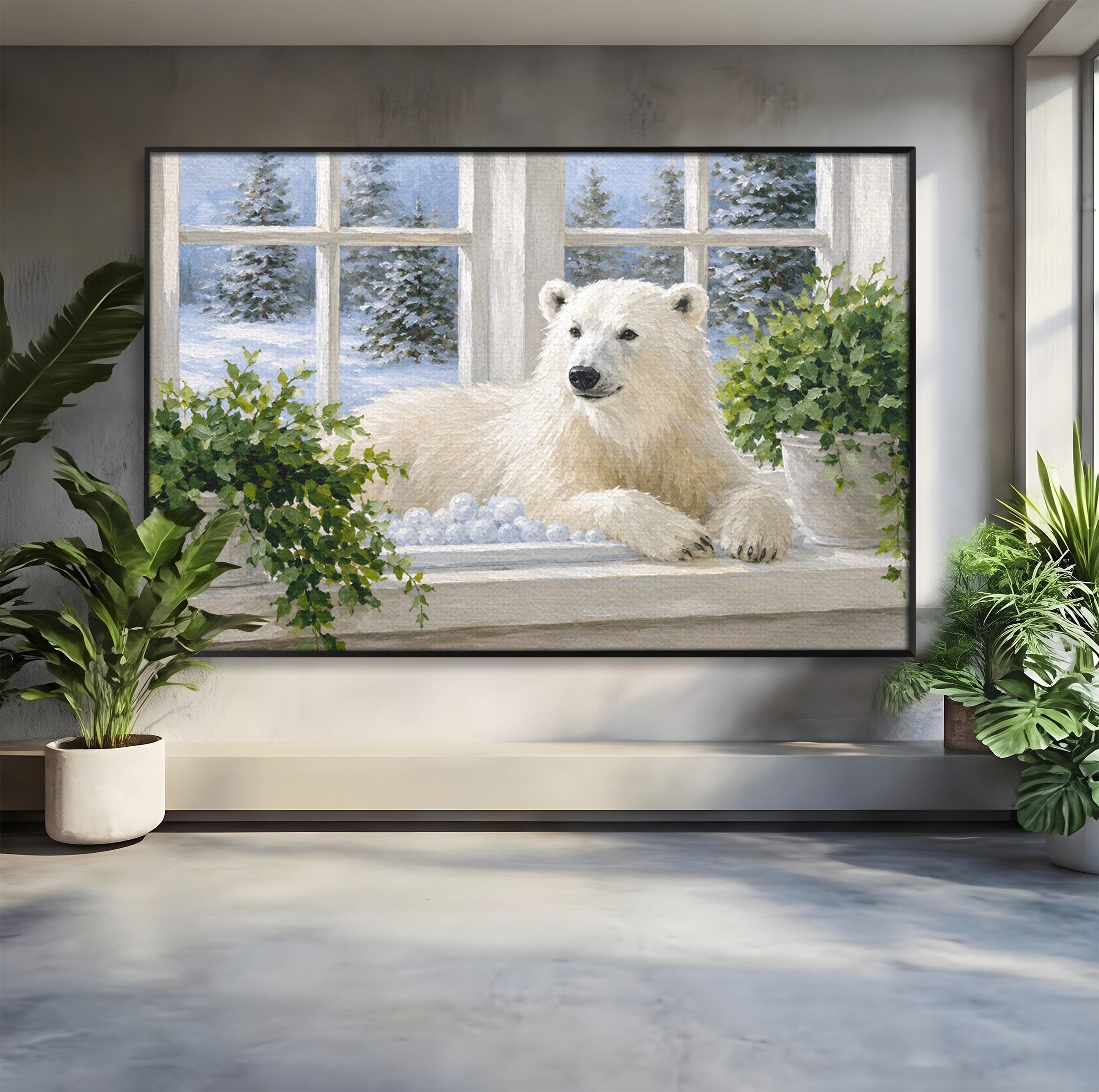 Tablou Canvas Premium LuxCanva® M1675, Urs Polar La Fereastra, Urs Polar, Iarna, Fereastra, Living, Natura, Culori Vibrante
