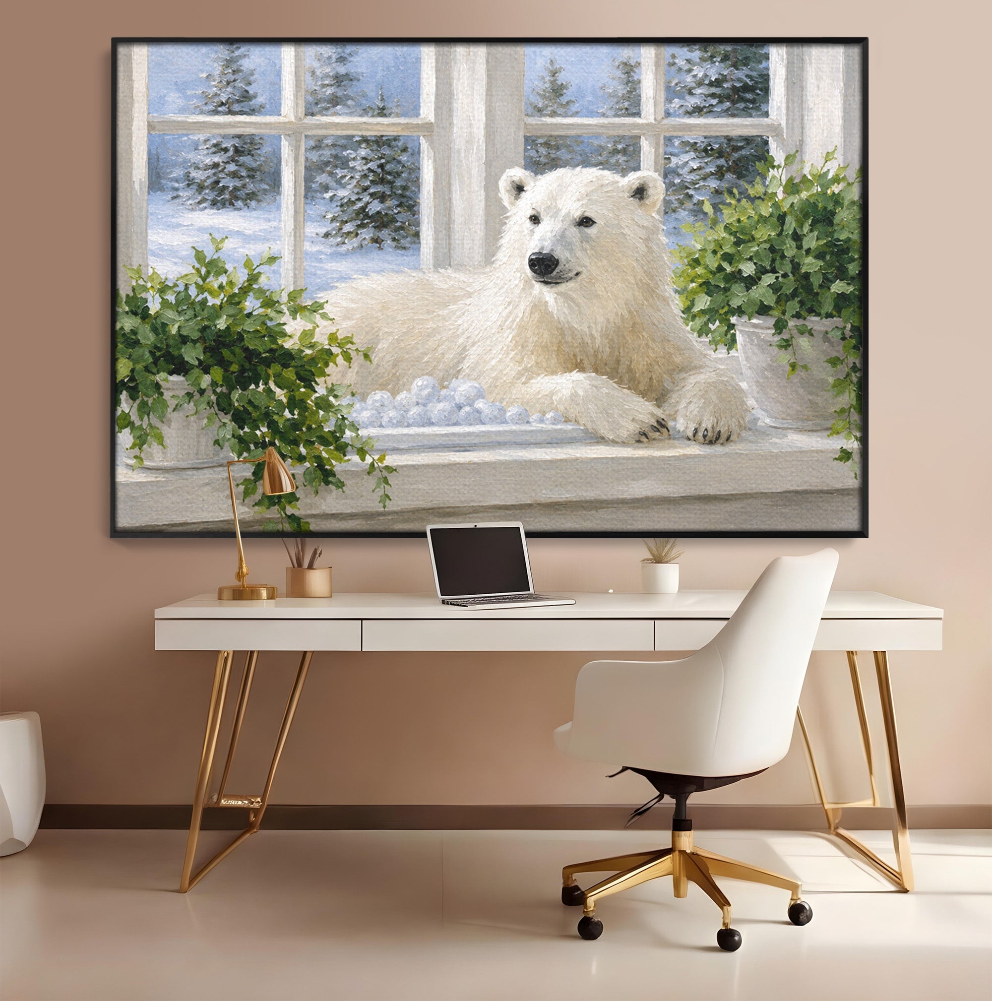 Tablou Canvas Premium LuxCanva® M1675, Urs Polar La Fereastra, Urs Polar, Iarna, Fereastra, Living, Natura, Culori Vibrante