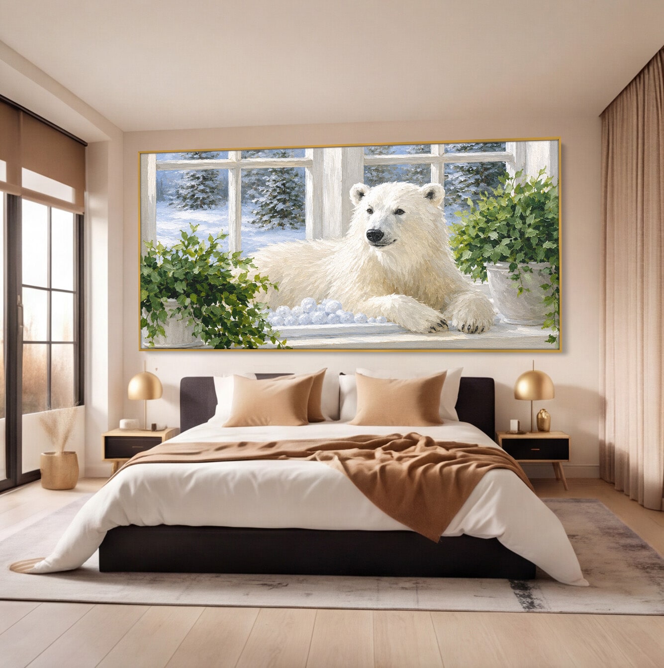 Tablou Canvas Premium LuxCanva® M1675, Urs Polar La Fereastra, Urs Polar, Iarna, Fereastra, Living, Natura, Culori Vibrante