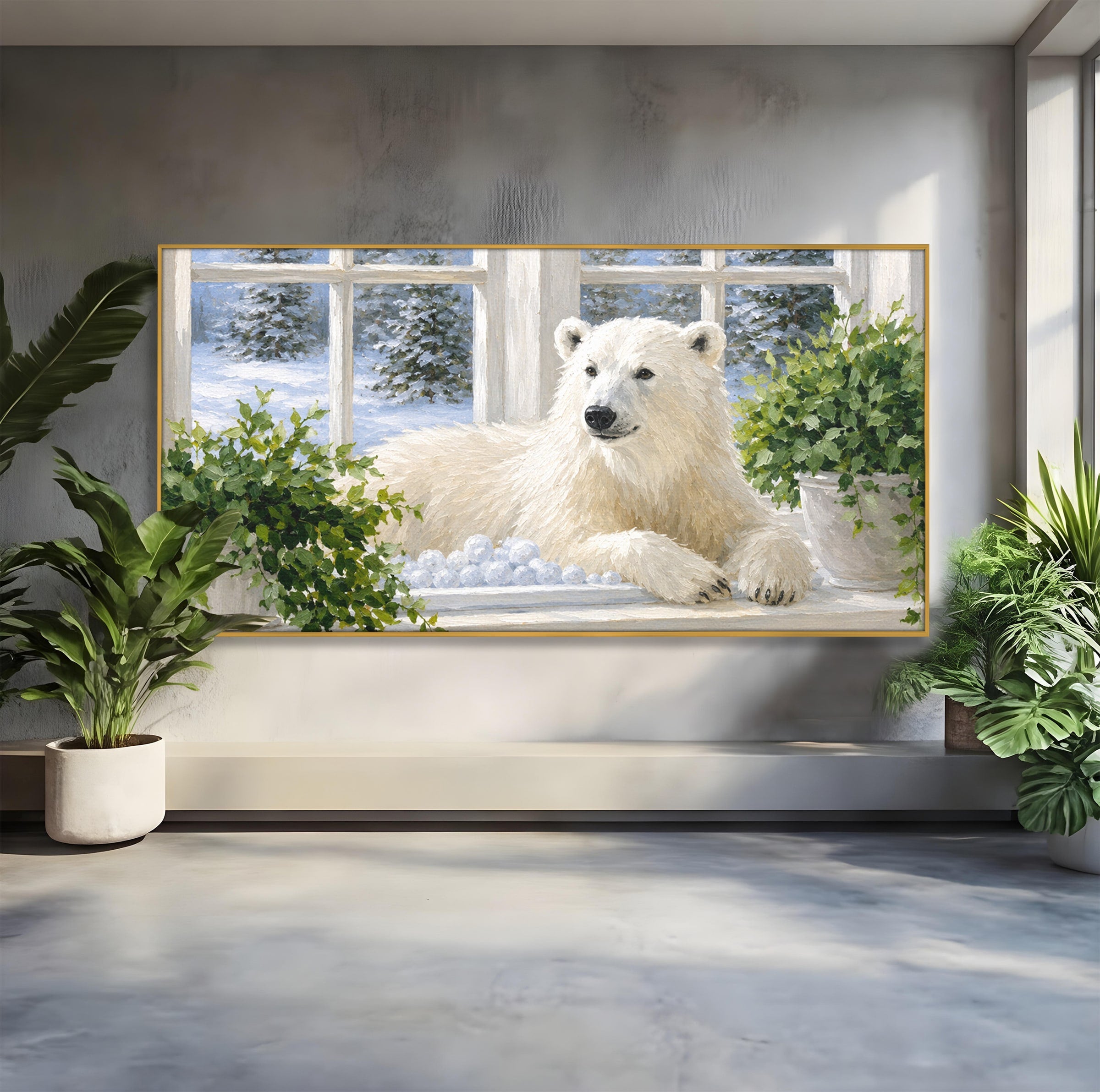 Tablou Canvas Premium LuxCanva® M1675, Urs Polar La Fereastra, Urs Polar, Iarna, Fereastra, Living, Natura, Culori Vibrante