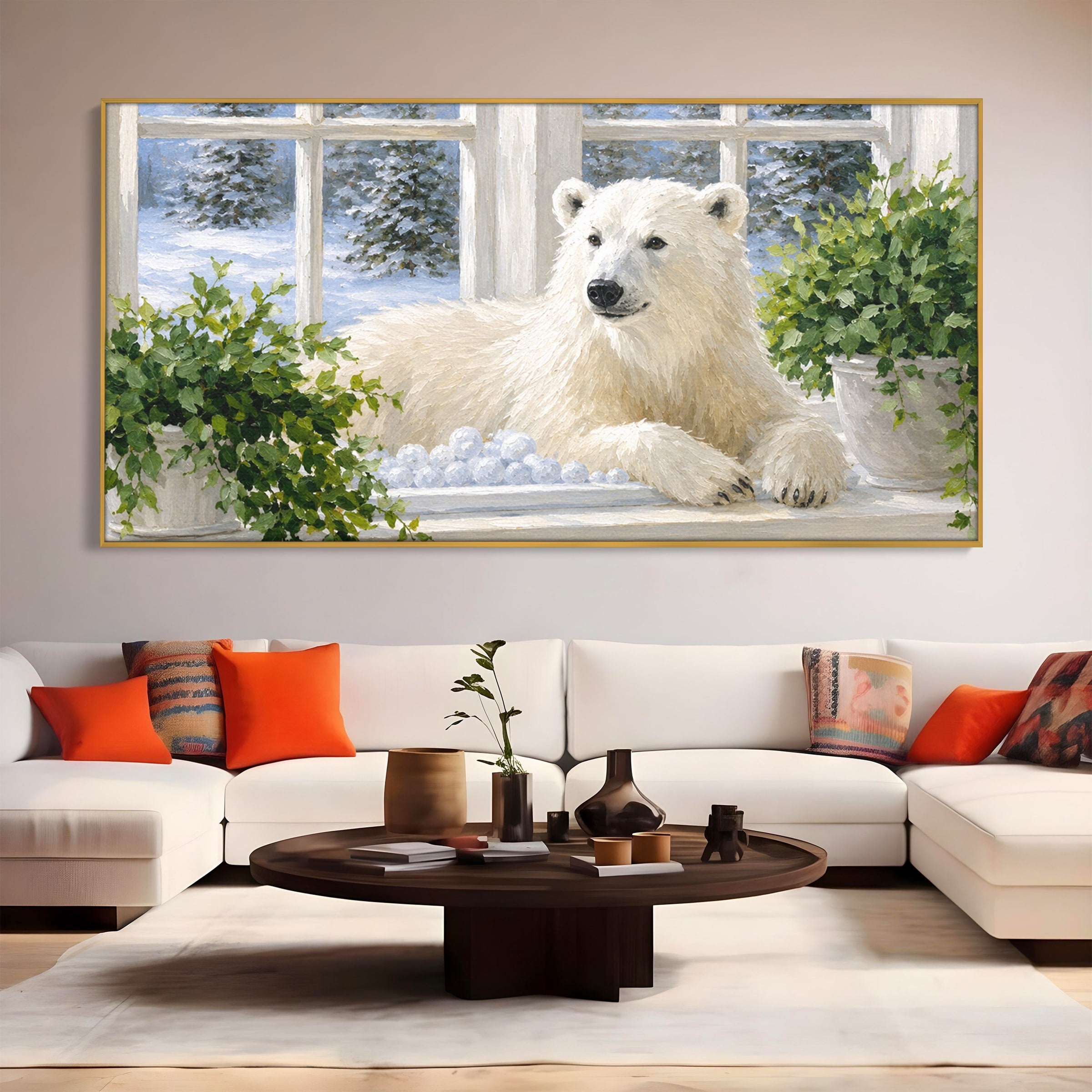 Tablou Canvas Premium LuxCanva® M1675, Urs Polar La Fereastra, Urs Polar, Iarna, Fereastra, Living, Natura, Culori Vibrante