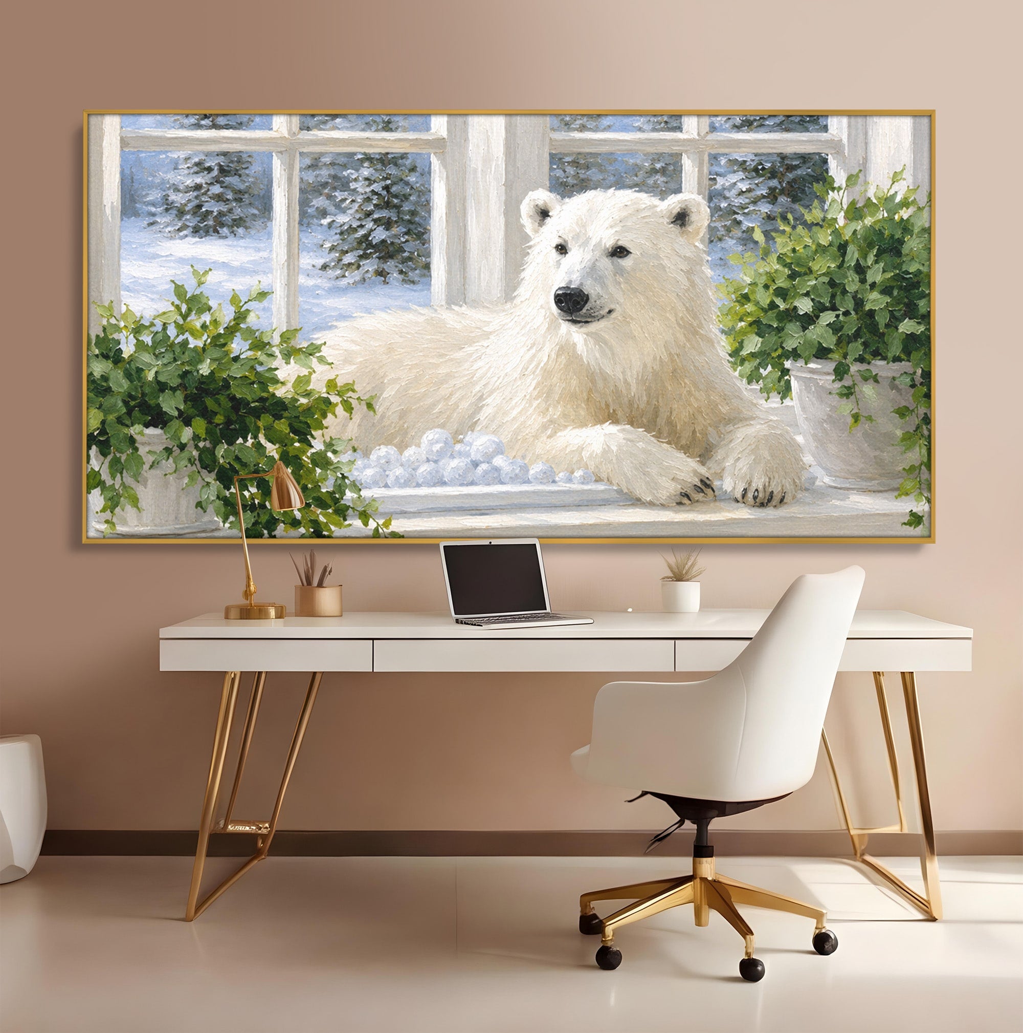 Tablou Canvas Premium LuxCanva® M1675, Urs Polar La Fereastra, Urs Polar, Iarna, Fereastra, Living, Natura, Culori Vibrante