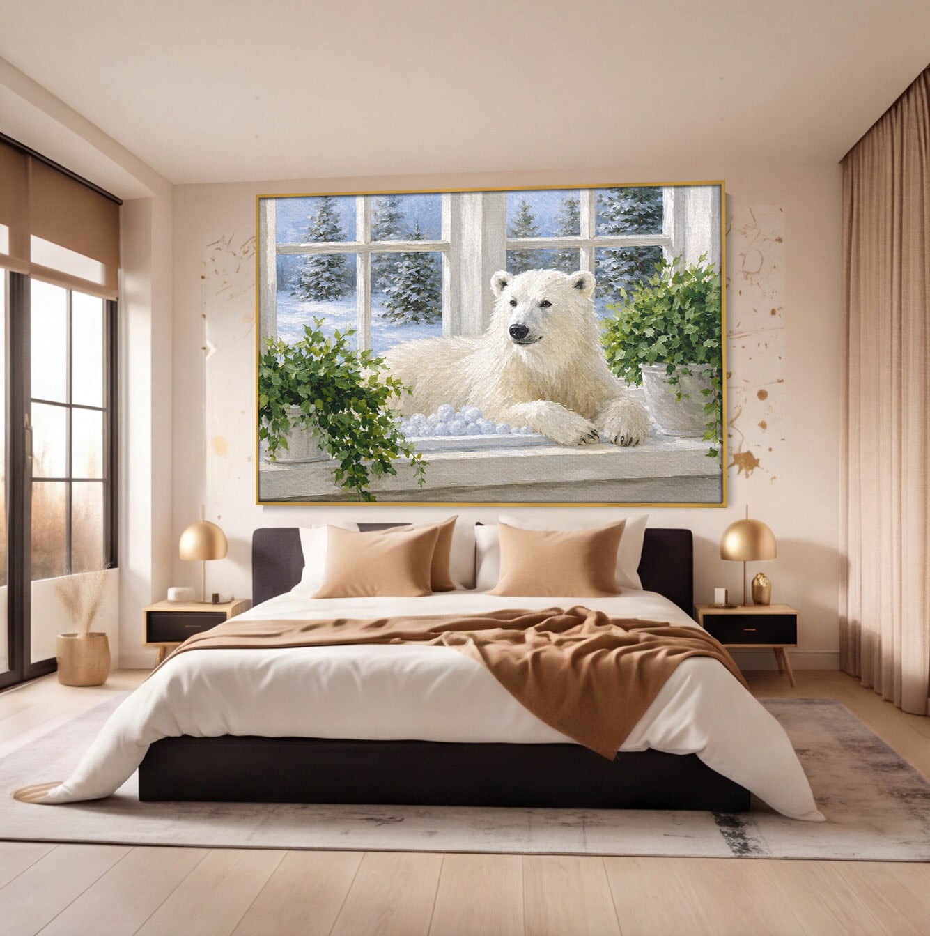 Tablou Canvas Premium LuxCanva® M1675, Urs Polar La Fereastra, Urs Polar, Iarna, Fereastra, Living, Natura, Culori Vibrante