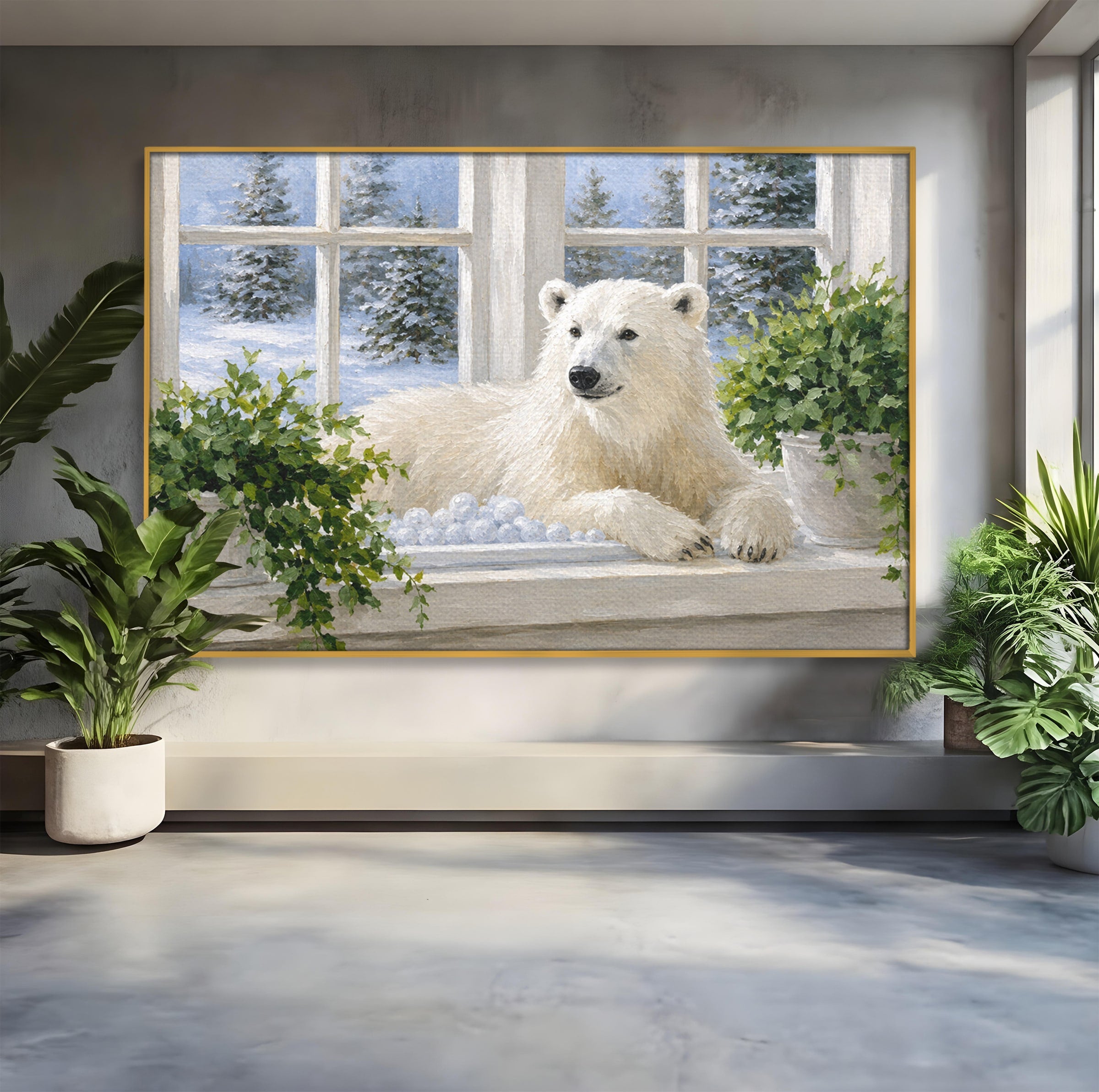 Tablou Canvas Premium LuxCanva® M1675, Urs Polar La Fereastra, Urs Polar, Iarna, Fereastra, Living, Natura, Culori Vibrante