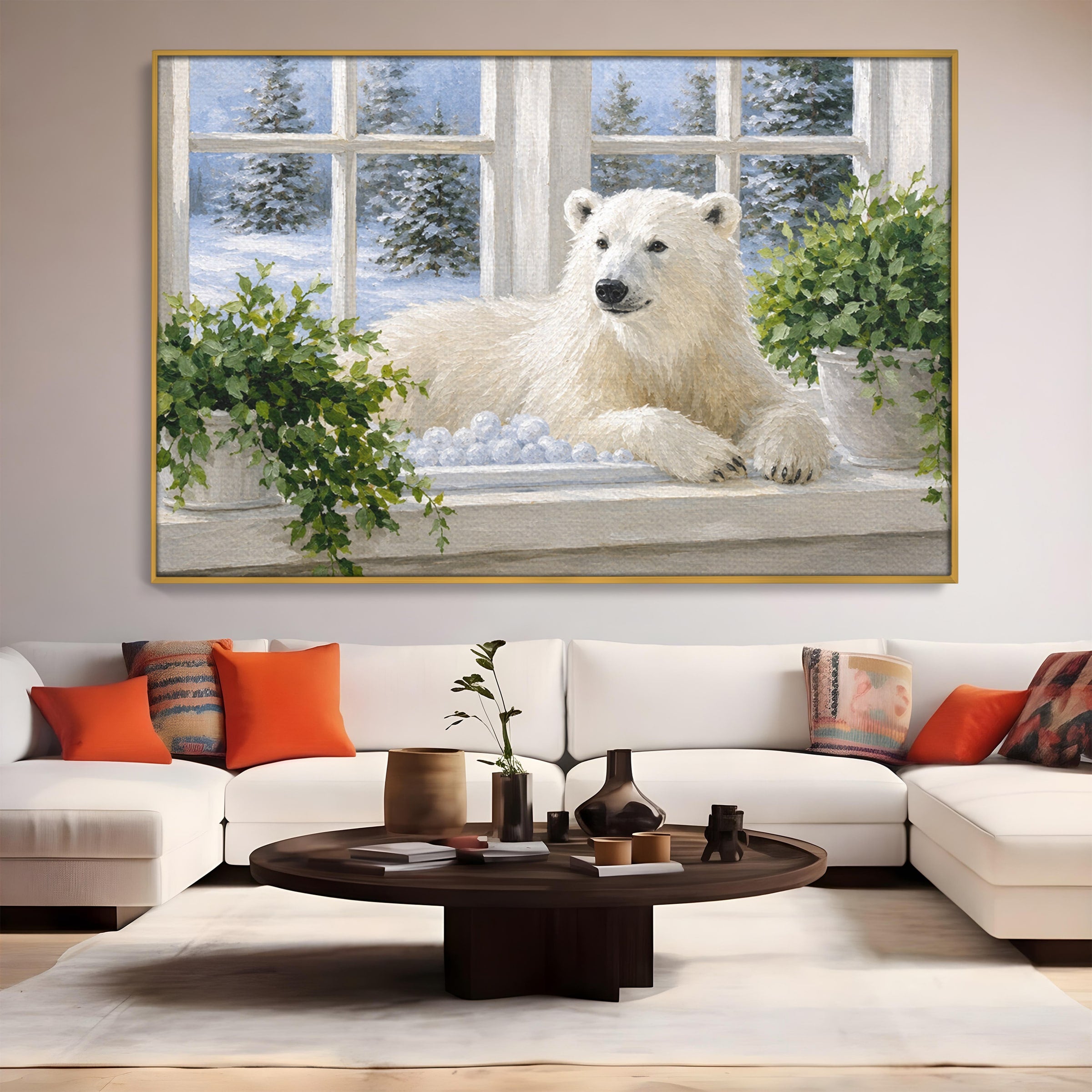 Tablou Canvas Premium LuxCanva® M1675, Urs Polar La Fereastra, Urs Polar, Iarna, Fereastra, Living, Natura, Culori Vibrante