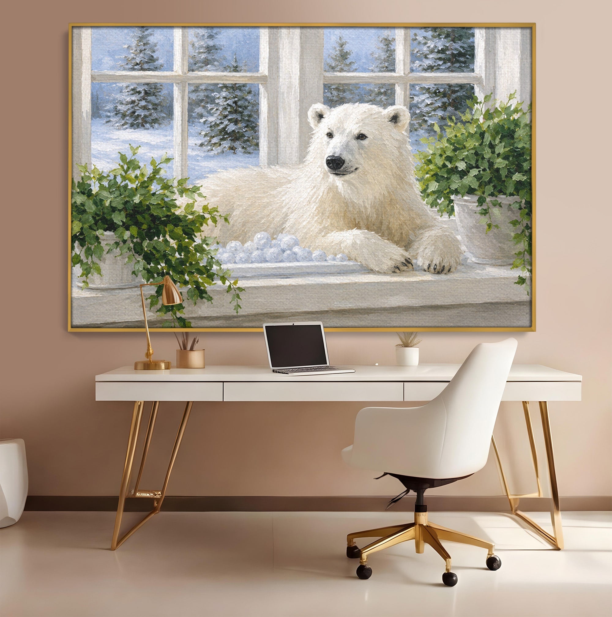 Tablou Canvas Premium LuxCanva® M1675, Urs Polar La Fereastra, Urs Polar, Iarna, Fereastra, Living, Natura, Culori Vibrante