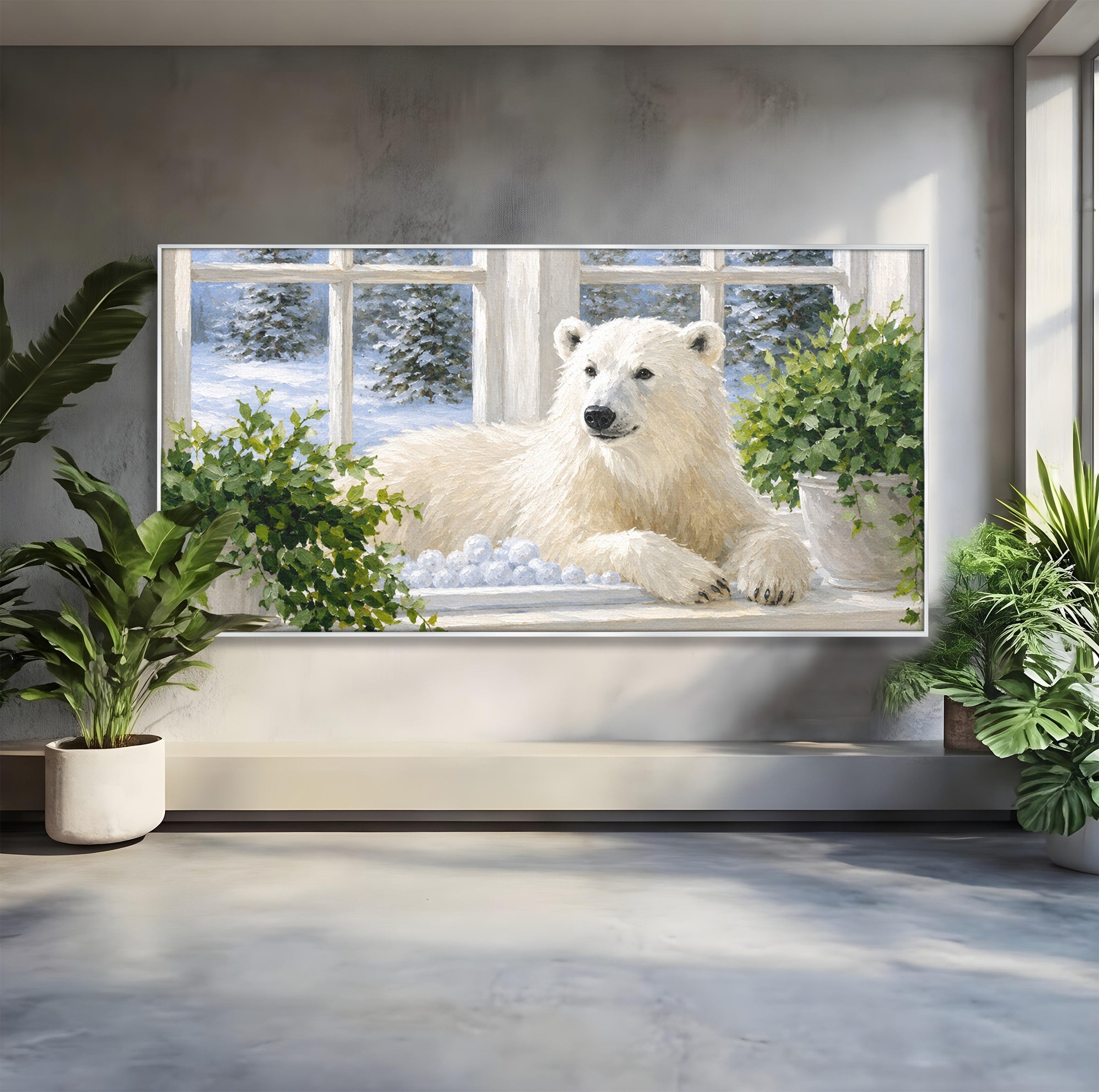 Tablou Canvas Premium LuxCanva® M1675, Urs Polar La Fereastra, Urs Polar, Iarna, Fereastra, Living, Natura, Culori Vibrante