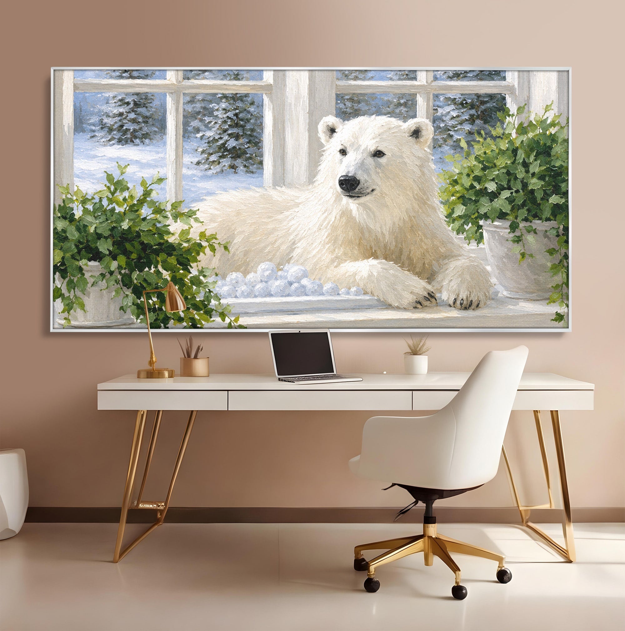 Tablou Canvas Premium LuxCanva® M1675, Urs Polar La Fereastra, Urs Polar, Iarna, Fereastra, Living, Natura, Culori Vibrante