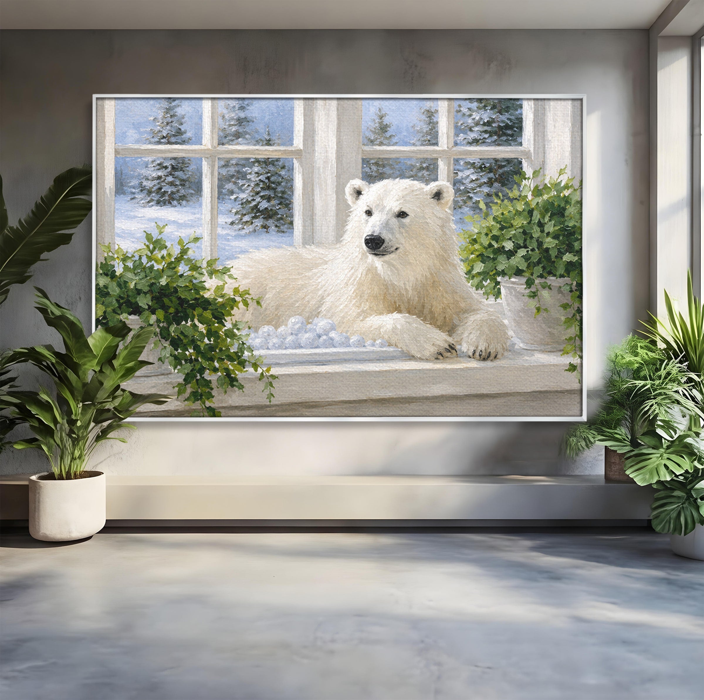 Tablou Canvas Premium LuxCanva® M1675, Urs Polar La Fereastra, Urs Polar, Iarna, Fereastra, Living, Natura, Culori Vibrante