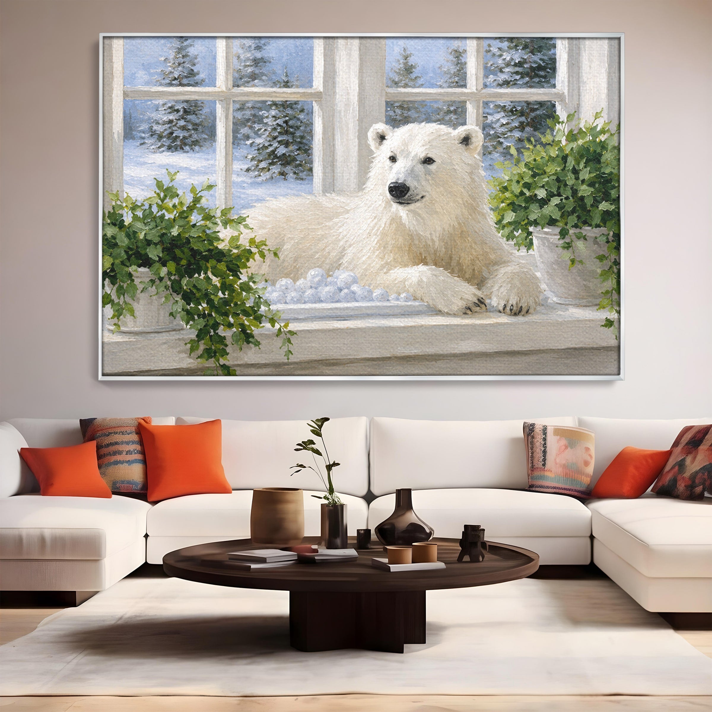 Tablou Canvas Premium LuxCanva® M1675, Urs Polar La Fereastra, Urs Polar, Iarna, Fereastra, Living, Natura, Culori Vibrante