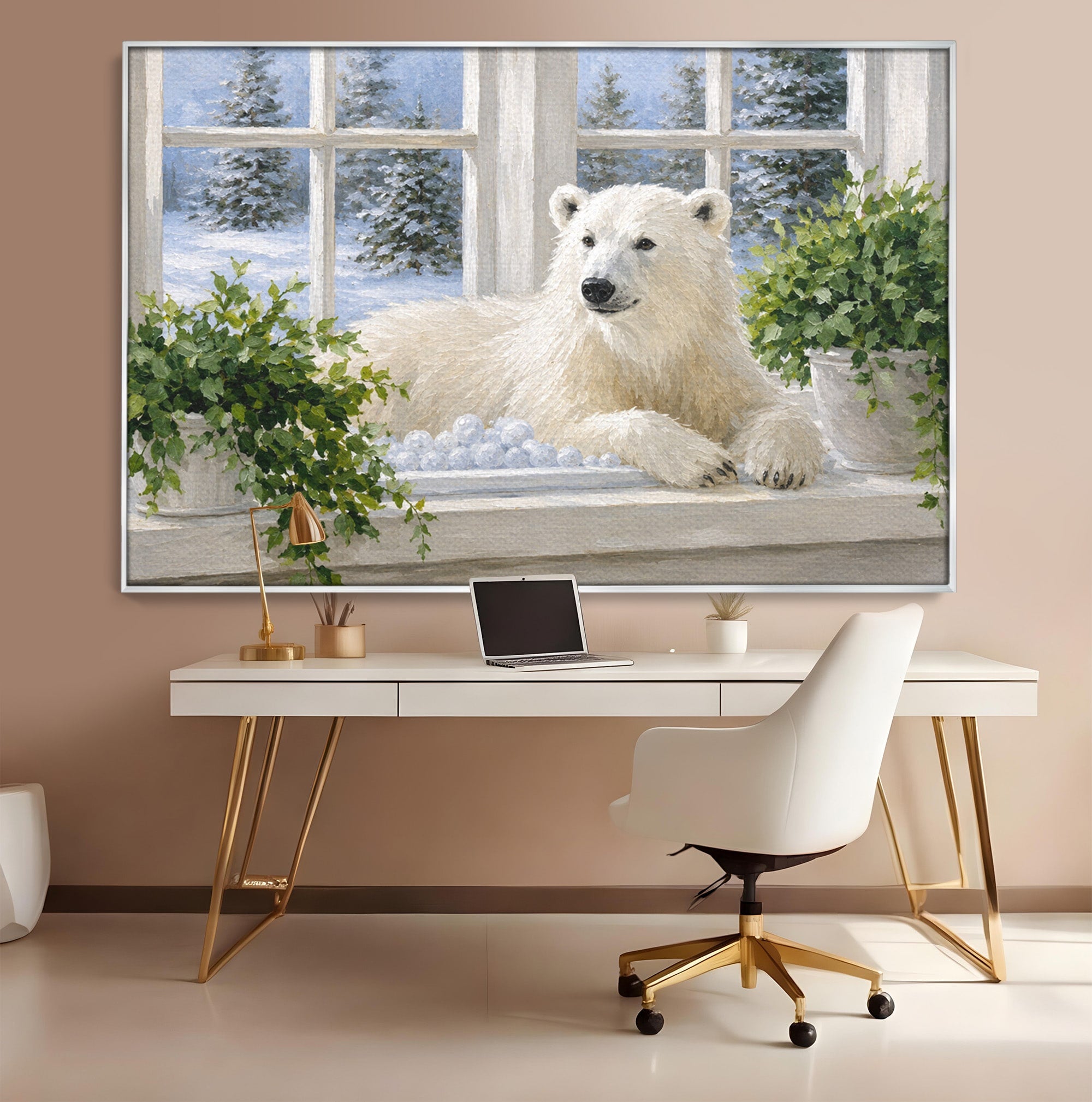 Tablou Canvas Premium LuxCanva® M1675, Urs Polar La Fereastra, Urs Polar, Iarna, Fereastra, Living, Natura, Culori Vibrante
