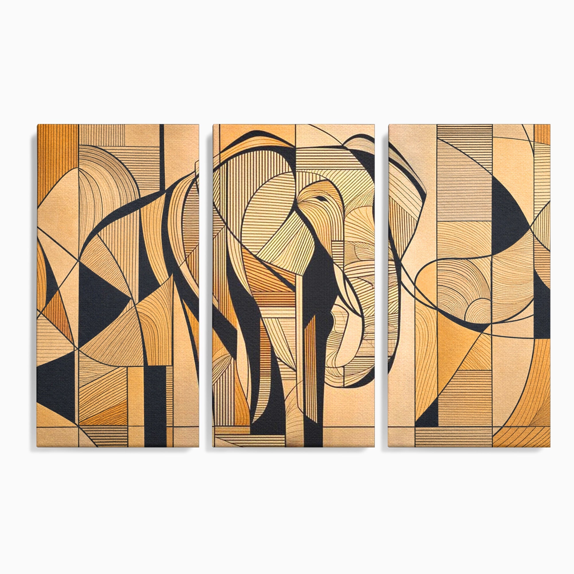 Set 3 Tablouri Canvas Premium LuxCanva® M3-1321, Contururi Naturale, Forme, Linii, Geometric, Elefant, Arta Abstracta, Cubism, Modern, Contur, Desen, Creativ, Birou, Living, Camera Copil