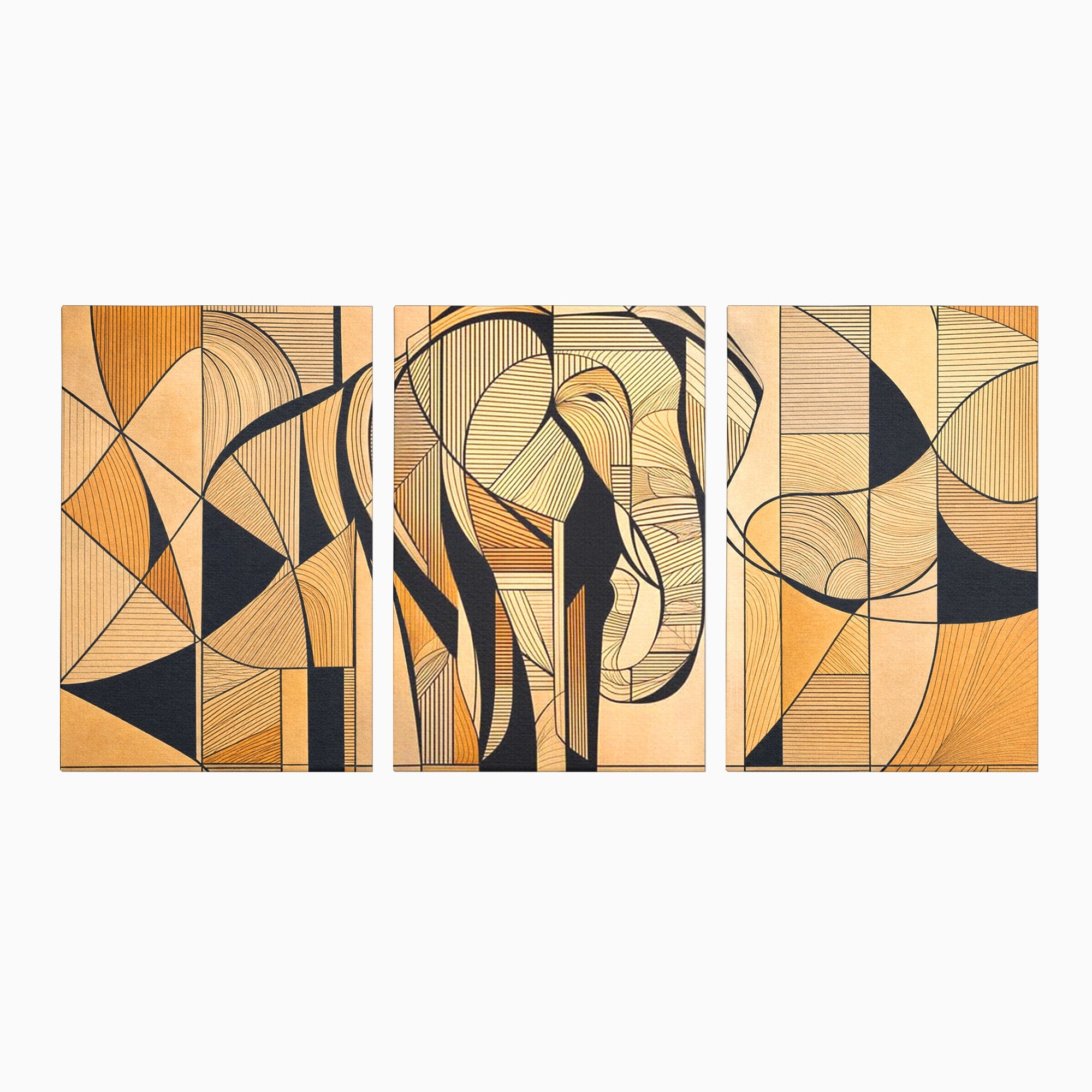 Set 3 Tablouri Canvas Premium LuxCanva® M3-1321, Contururi Naturale, Forme, Linii, Geometric, Elefant, Arta Abstracta, Cubism, Modern, Contur, Desen, Creativ, Birou, Living, Camera Copil