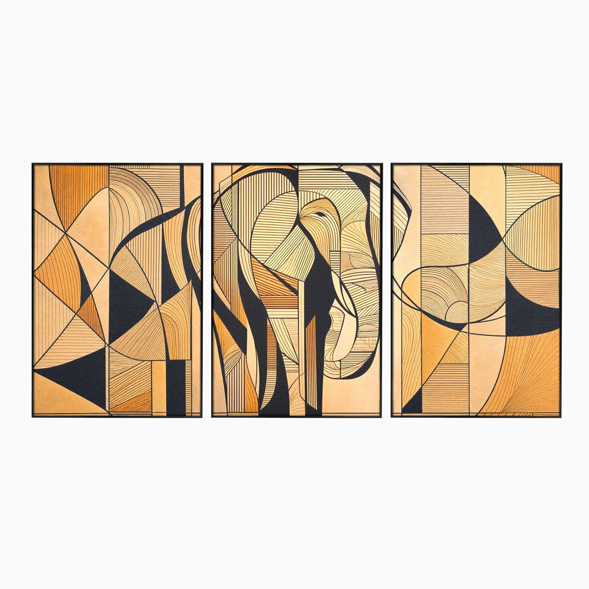 Set 3 Tablouri Canvas Premium LuxCanva® M3-1321, Contururi Naturale, Forme, Linii, Geometric, Elefant, Arta Abstracta, Cubism, Modern, Contur, Desen, Creativ, Birou, Living, Camera Copil