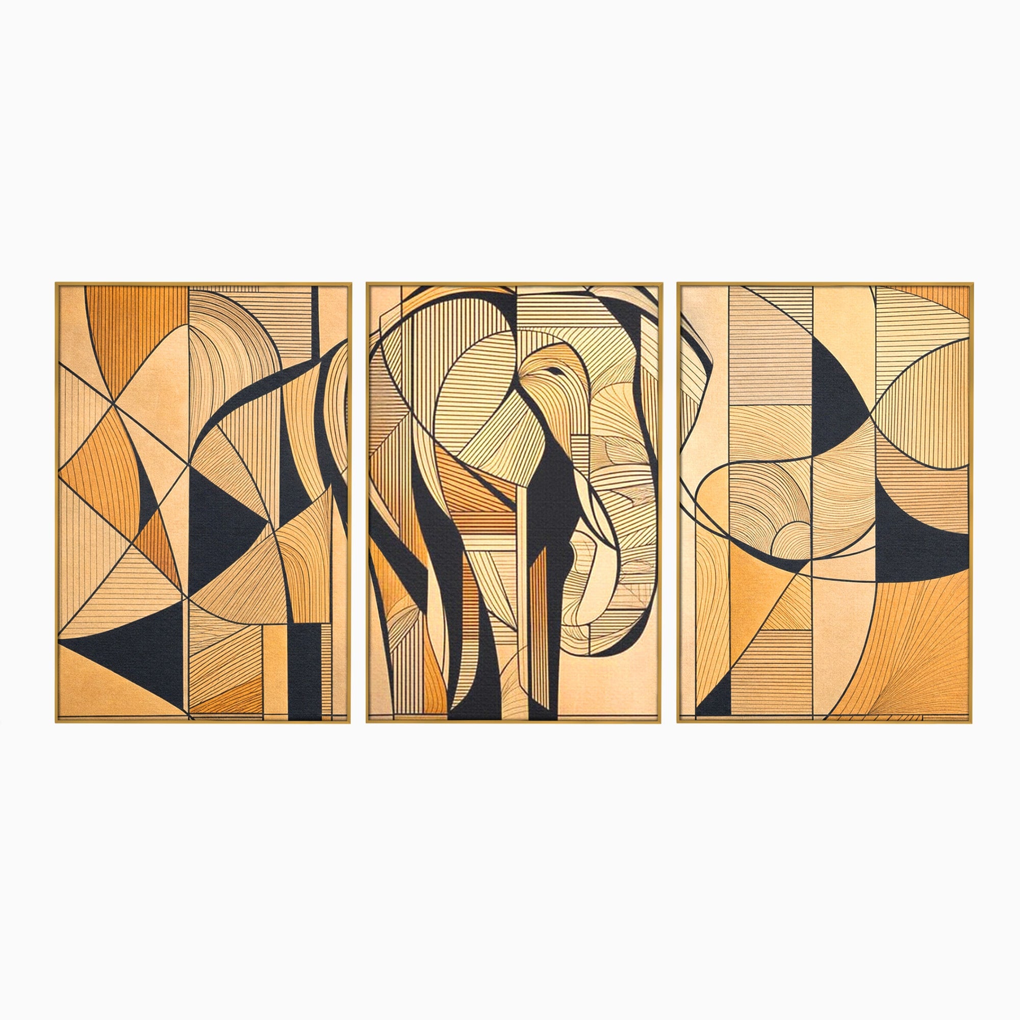 Set 3 Tablouri Canvas Premium LuxCanva® M3-1321, Contururi Naturale, Forme, Linii, Geometric, Elefant, Arta Abstracta, Cubism, Modern, Contur, Desen, Creativ, Birou, Living, Camera Copil