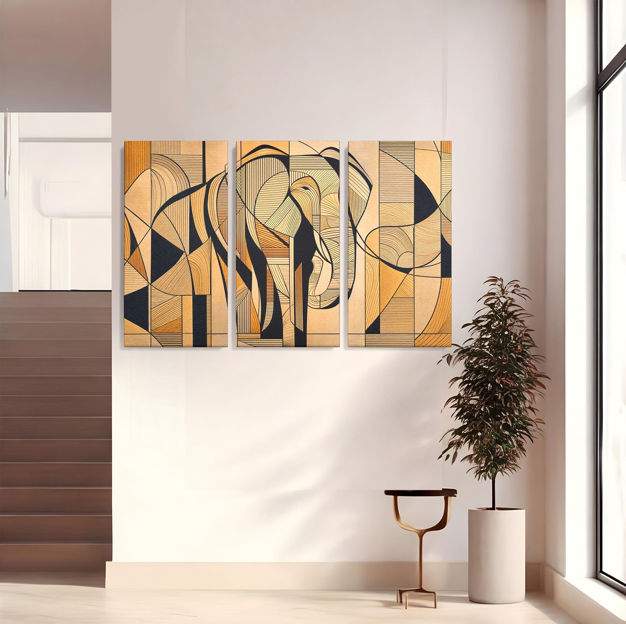 Set 3 Tablouri Canvas Premium LuxCanva® M3-1321, Contururi Naturale, Forme, Linii, Geometric, Elefant, Arta Abstracta, Cubism, Modern, Contur, Desen, Creativ, Birou, Living, Camera Copil