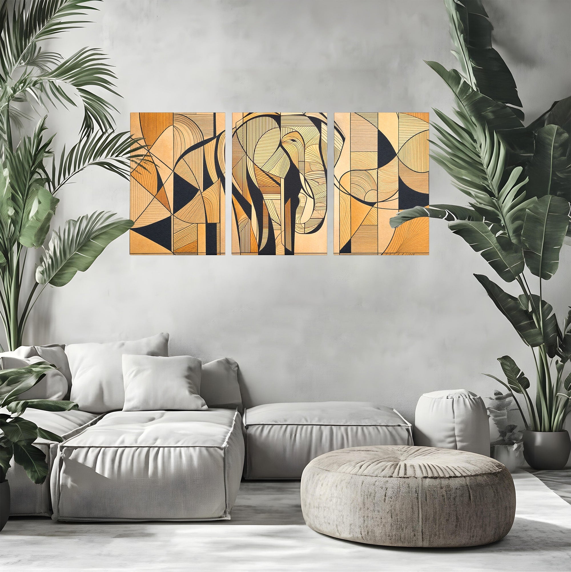 Set 3 Tablouri Canvas Premium LuxCanva® M3-1321, Contururi Naturale, Forme, Linii, Geometric, Elefant, Arta Abstracta, Cubism, Modern, Contur, Desen, Creativ, Birou, Living, Camera Copil