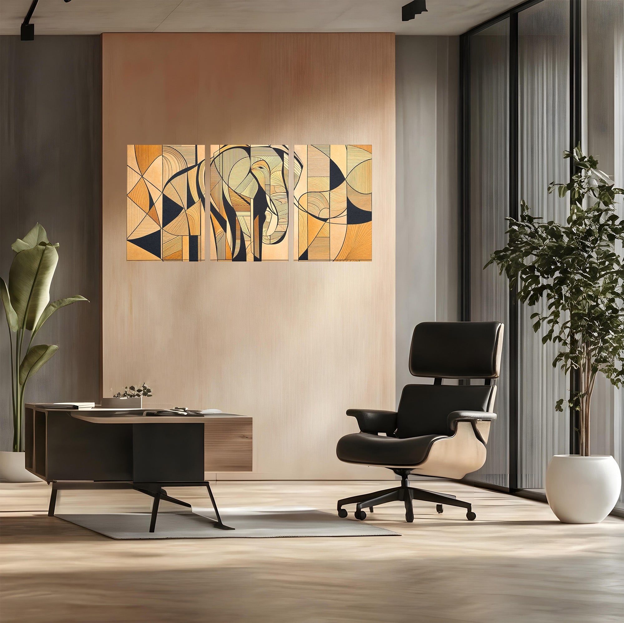 Set 3 Tablouri Canvas Premium LuxCanva® M3-1321, Contururi Naturale, Forme, Linii, Geometric, Elefant, Arta Abstracta, Cubism, Modern, Contur, Desen, Creativ, Birou, Living, Camera Copil
