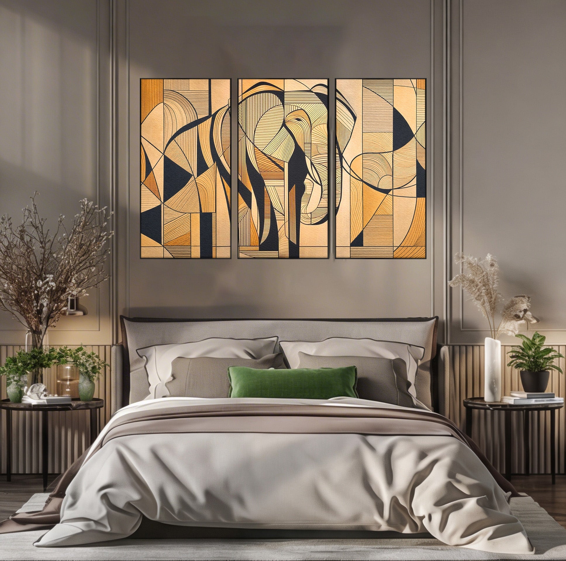 Set 3 Tablouri Canvas Premium LuxCanva® M3-1321, Contururi Naturale, Forme, Linii, Geometric, Elefant, Arta Abstracta, Cubism, Modern, Contur, Desen, Creativ, Birou, Living, Camera Copil