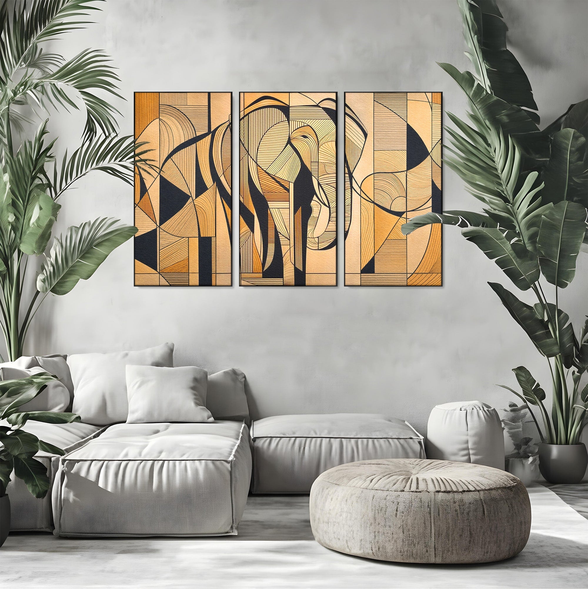 Set 3 Tablouri Canvas Premium LuxCanva® M3-1321, Contururi Naturale, Forme, Linii, Geometric, Elefant, Arta Abstracta, Cubism, Modern, Contur, Desen, Creativ, Birou, Living, Camera Copil