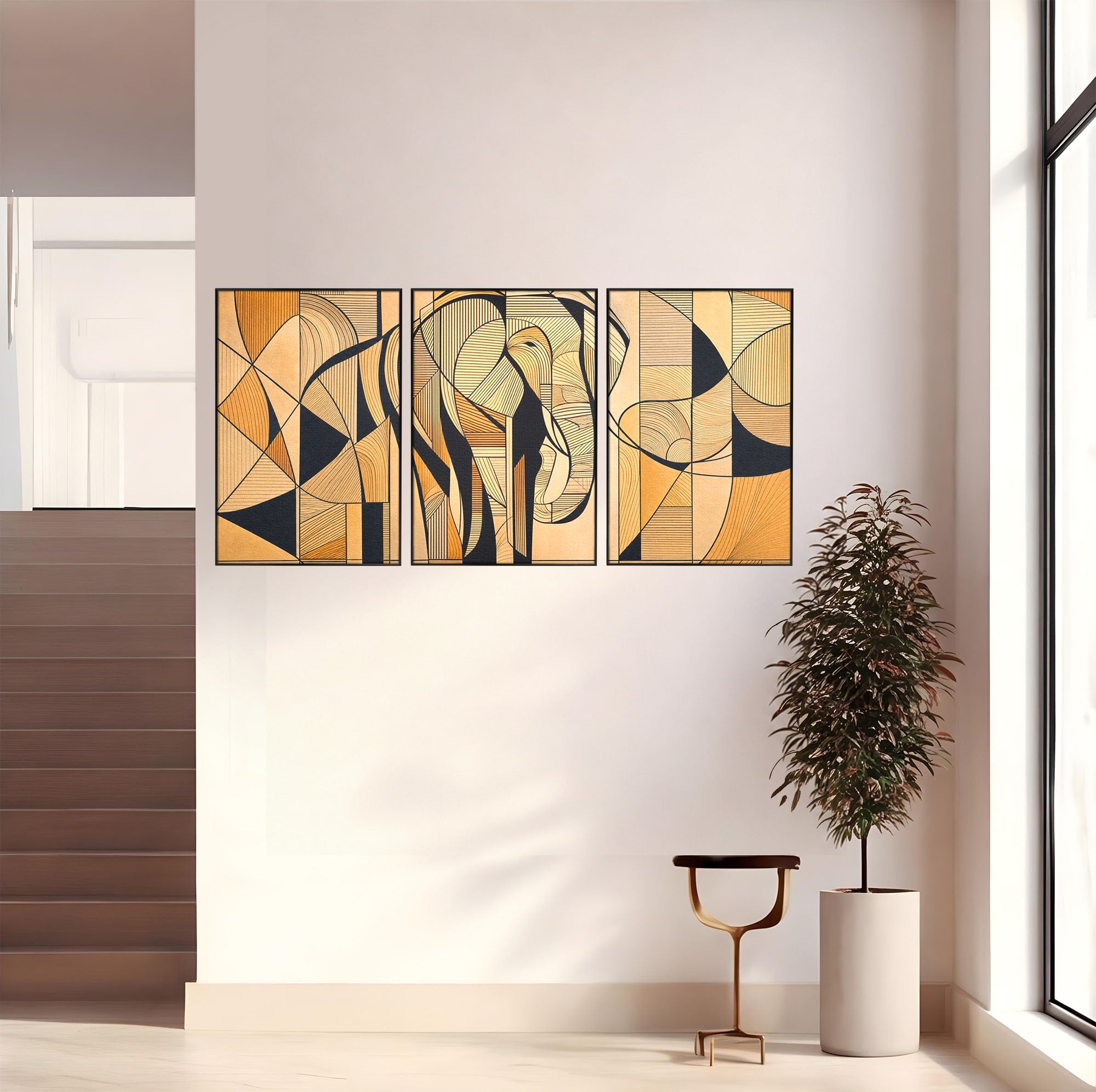 Set 3 Tablouri Canvas Premium LuxCanva® M3-1321, Contururi Naturale, Forme, Linii, Geometric, Elefant, Arta Abstracta, Cubism, Modern, Contur, Desen, Creativ, Birou, Living, Camera Copil