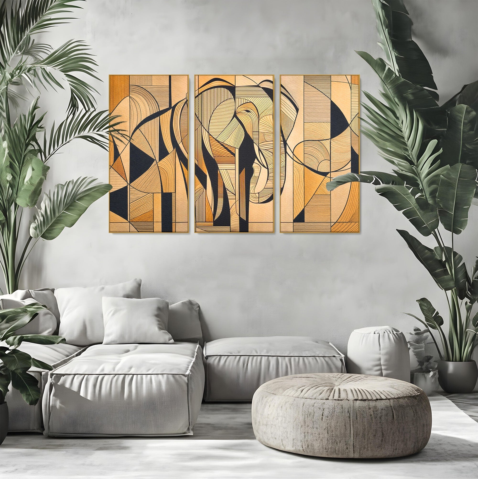 Set 3 Tablouri Canvas Premium LuxCanva® M3-1321, Contururi Naturale, Forme, Linii, Geometric, Elefant, Arta Abstracta, Cubism, Modern, Contur, Desen, Creativ, Birou, Living, Camera Copil
