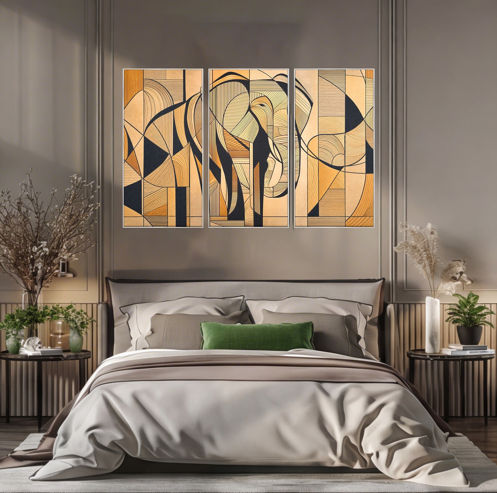 Set 3 Tablouri Canvas Premium LuxCanva® M3-1321, Contururi Naturale, Forme, Linii, Geometric, Elefant, Arta Abstracta, Cubism, Modern, Contur, Desen, Creativ, Birou, Living, Camera Copil