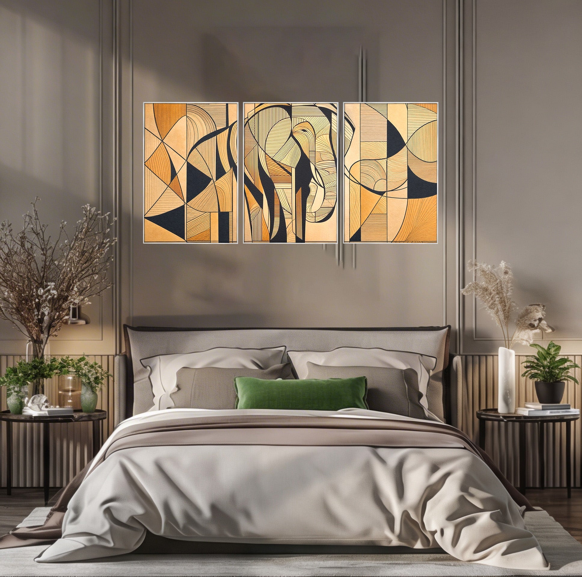 Set 3 Tablouri Canvas Premium LuxCanva® M3-1321, Contururi Naturale, Forme, Linii, Geometric, Elefant, Arta Abstracta, Cubism, Modern, Contur, Desen, Creativ, Birou, Living, Camera Copil
