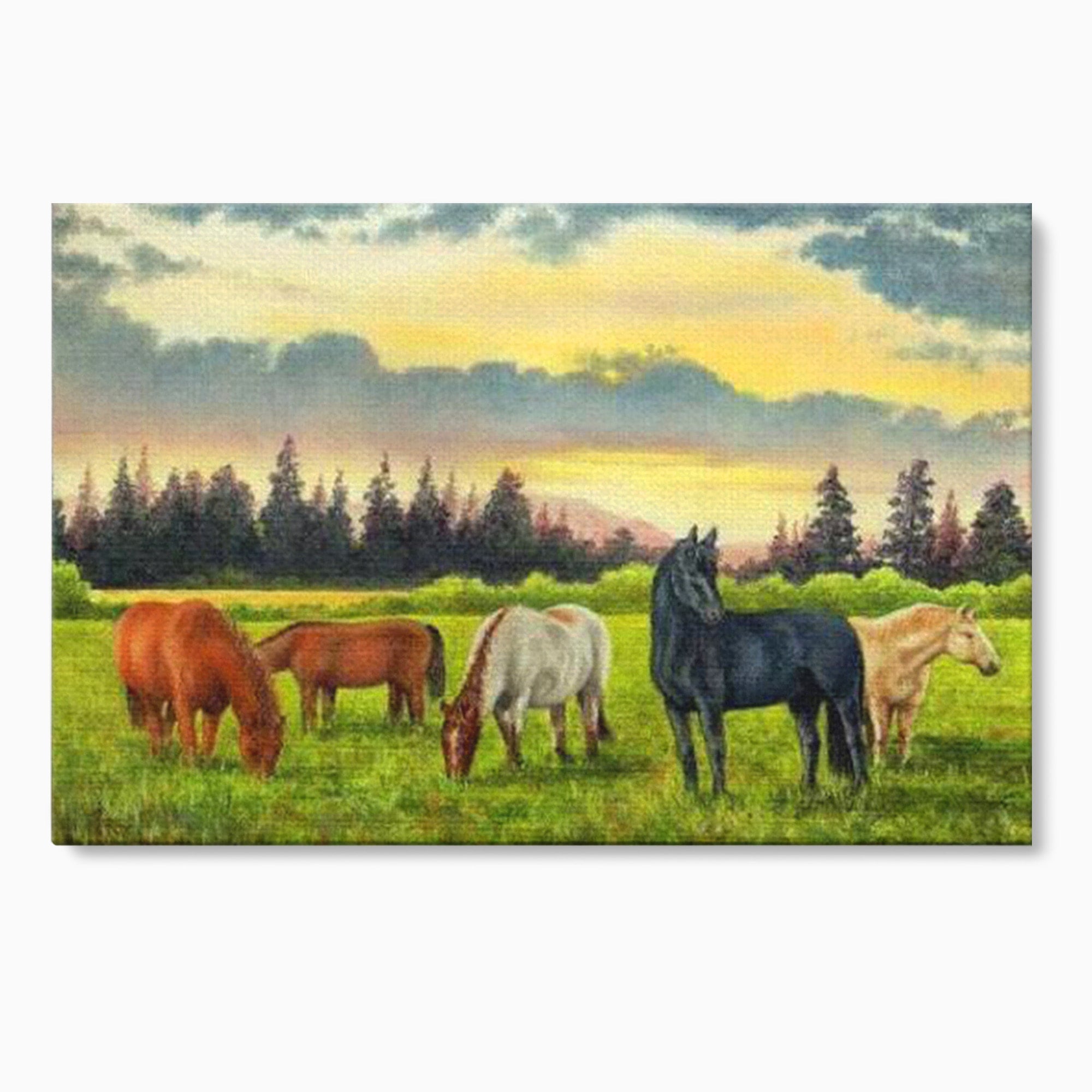 Tablou Canvas Premium LuxCanva® MI001, Cai In Apus Pastoral, Cai, Peisaj, Apus, Natura, Living, Dormitor, Culori Vibrante