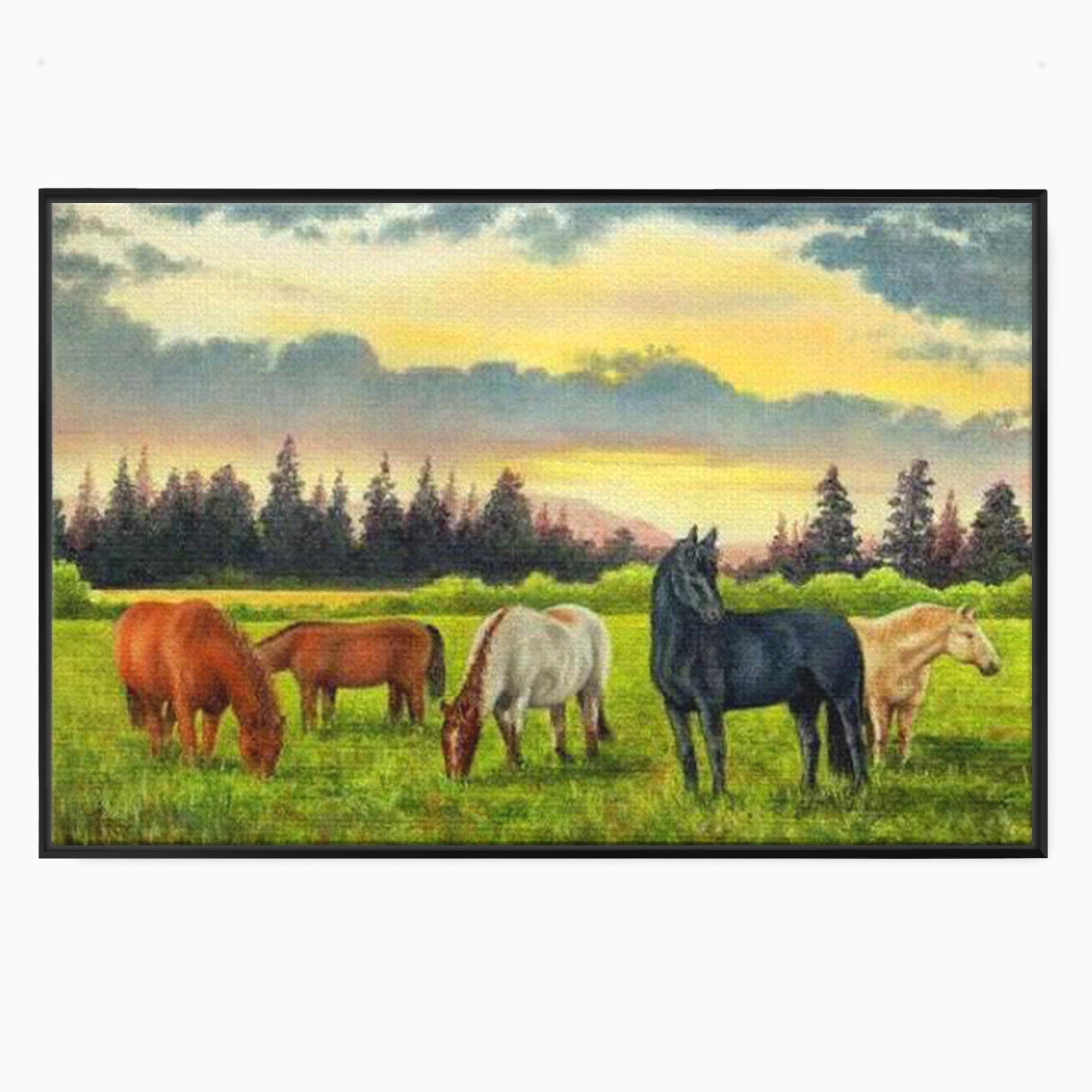 Tablou Canvas Premium LuxCanva® MI001, Cai In Apus Pastoral, Cai, Peisaj, Apus, Natura, Living, Dormitor, Culori Vibrante