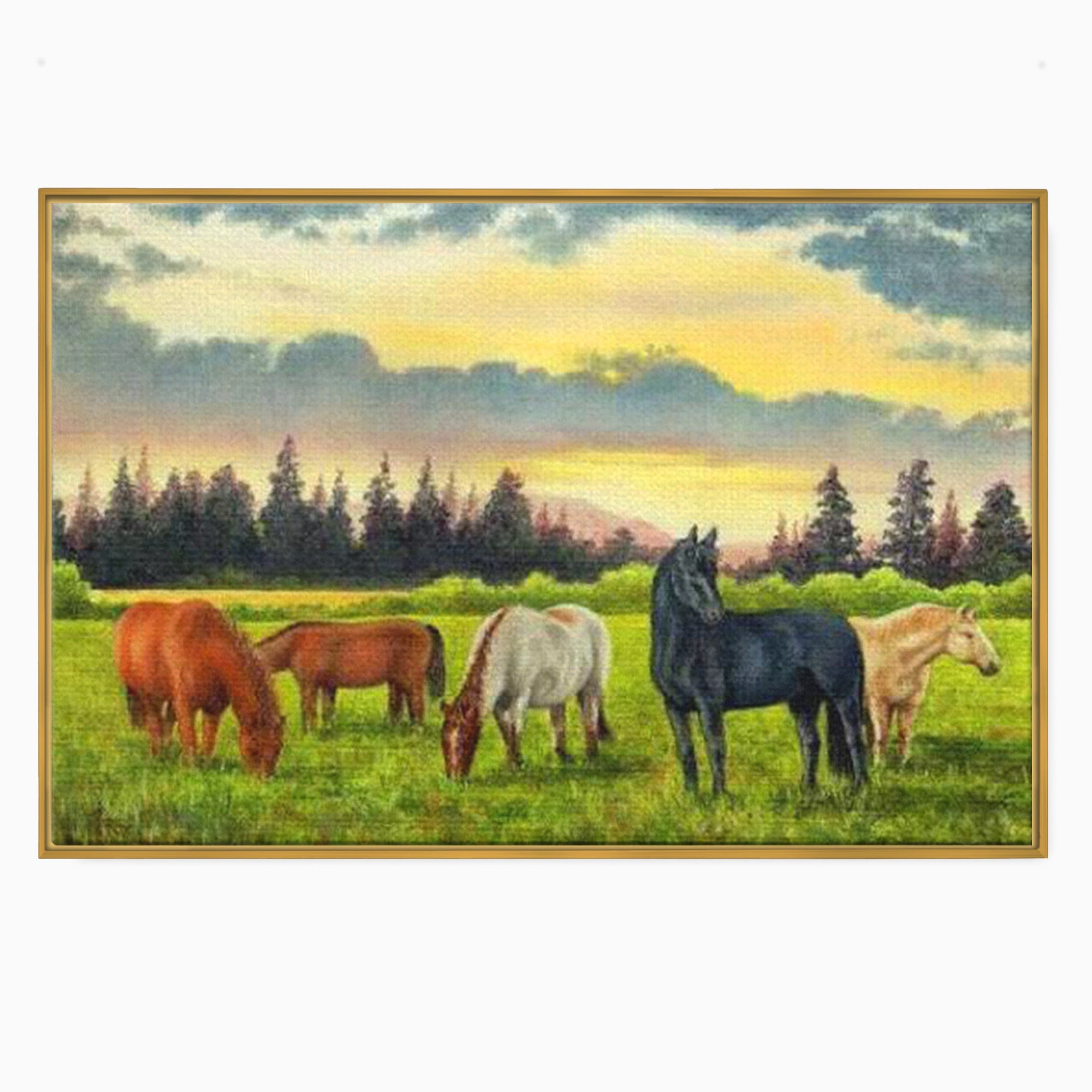 Tablou Canvas Premium LuxCanva® MI001, Cai In Apus Pastoral, Cai, Peisaj, Apus, Natura, Living, Dormitor, Culori Vibrante