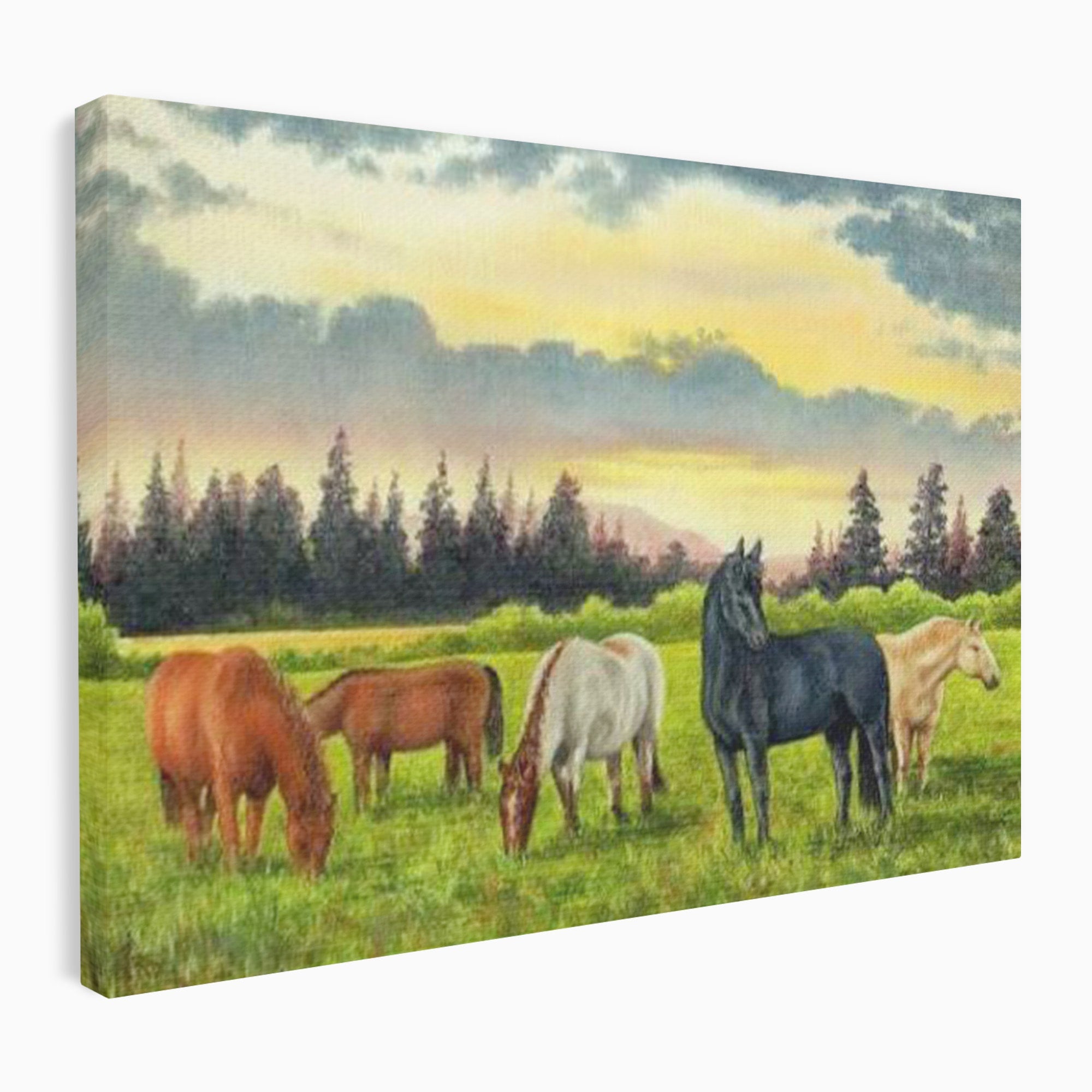 Tablou Canvas Premium LuxCanva® MI001, Cai In Apus Pastoral, Cai, Peisaj, Apus, Natura, Living, Dormitor, Culori Vibrante