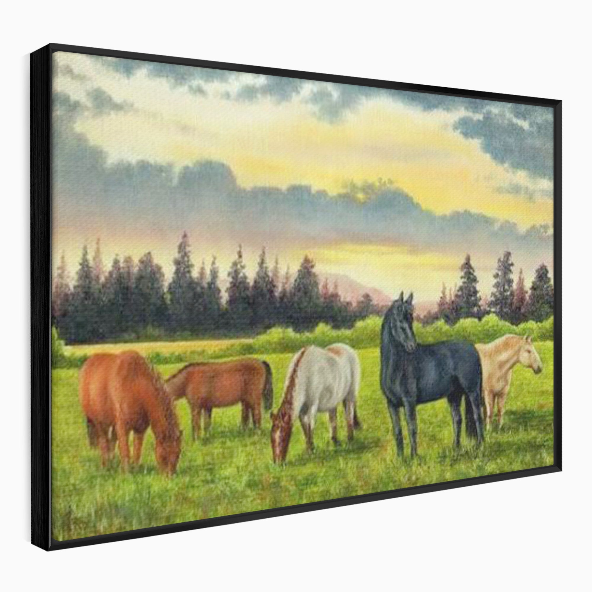 Tablou Canvas Premium LuxCanva® MI001, Cai In Apus Pastoral, Cai, Peisaj, Apus, Natura, Living, Dormitor, Culori Vibrante