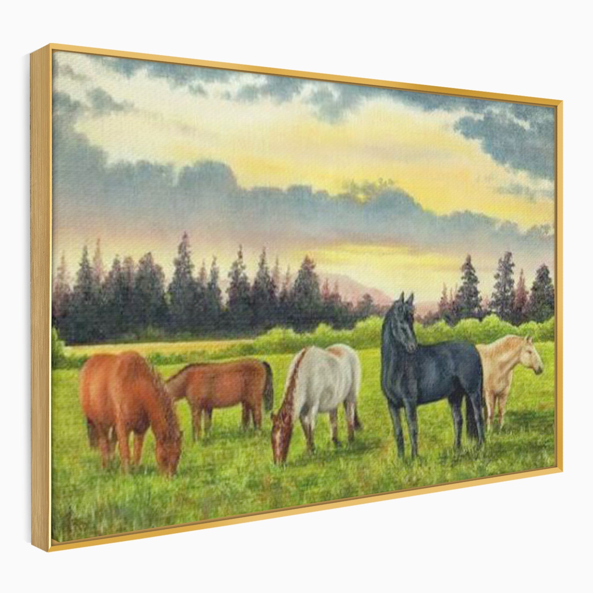 Tablou Canvas Premium LuxCanva® MI001, Cai In Apus Pastoral, Cai, Peisaj, Apus, Natura, Living, Dormitor, Culori Vibrante