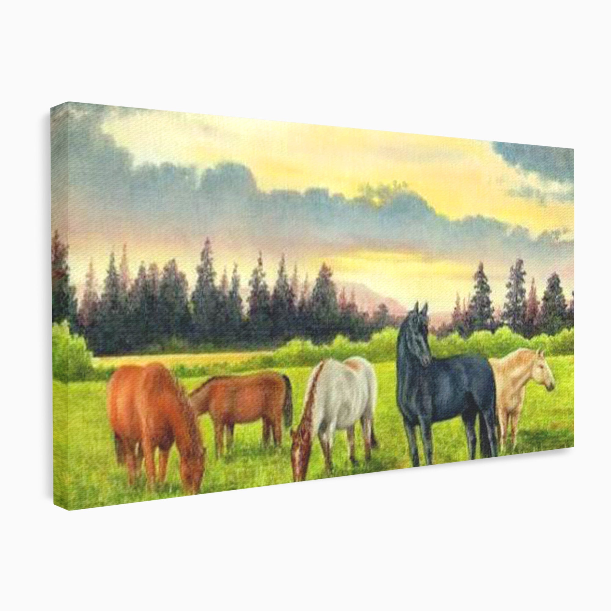 Tablou Canvas Premium LuxCanva® MI001, Cai In Apus Pastoral, Cai, Peisaj, Apus, Natura, Living, Dormitor, Culori Vibrante