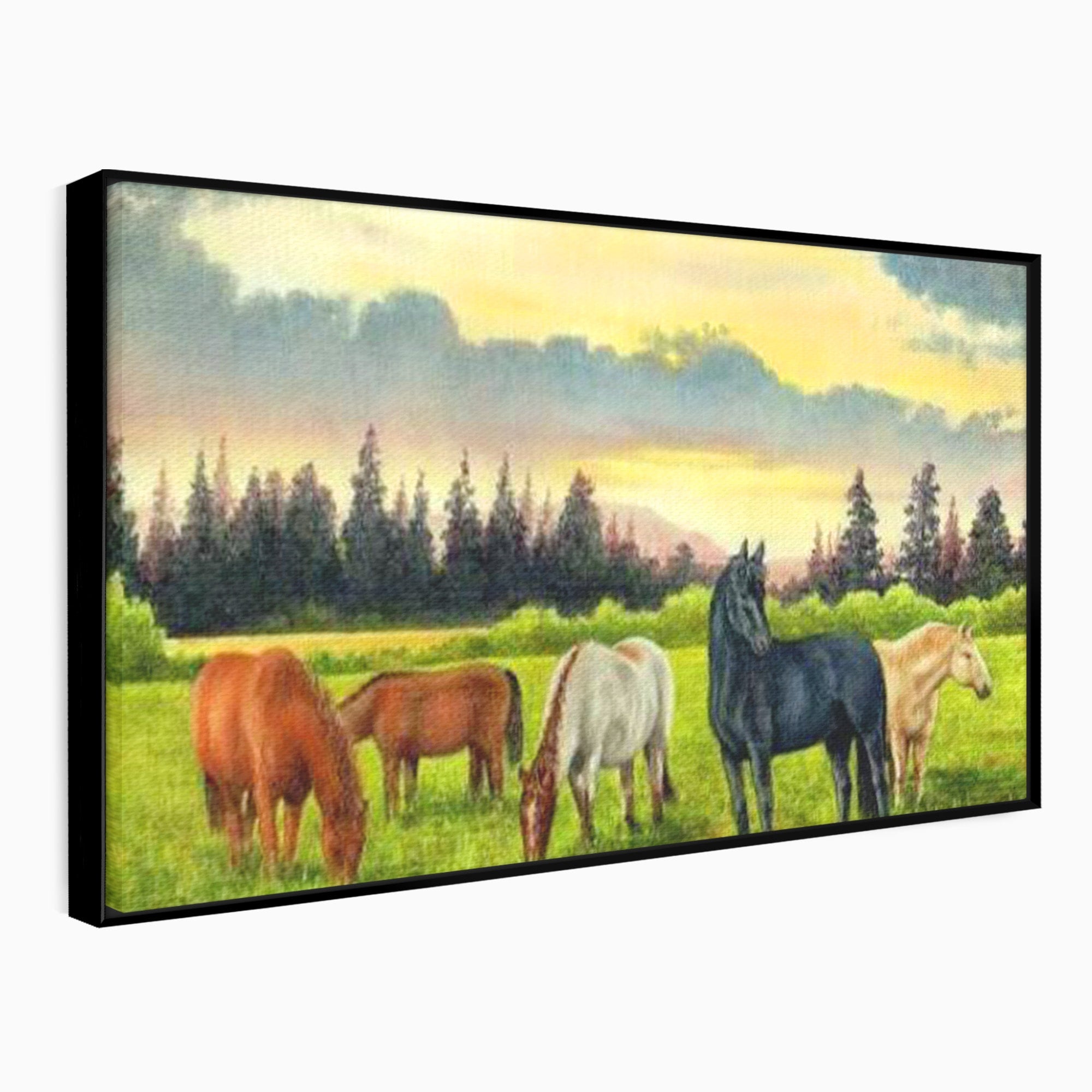 Tablou Canvas Premium LuxCanva® MI001, Cai In Apus Pastoral, Cai, Peisaj, Apus, Natura, Living, Dormitor, Culori Vibrante