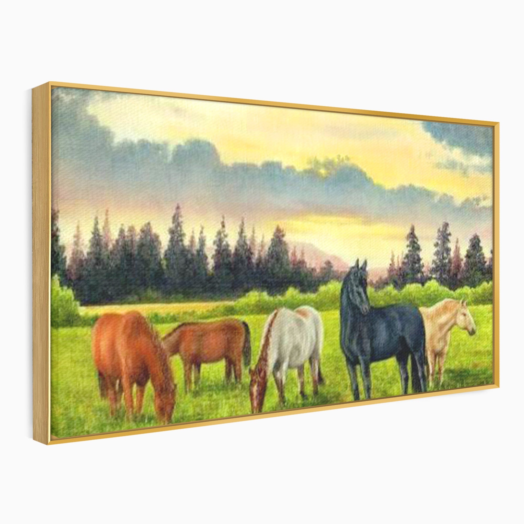 Tablou Canvas Premium LuxCanva® MI001, Cai In Apus Pastoral, Cai, Peisaj, Apus, Natura, Living, Dormitor, Culori Vibrante