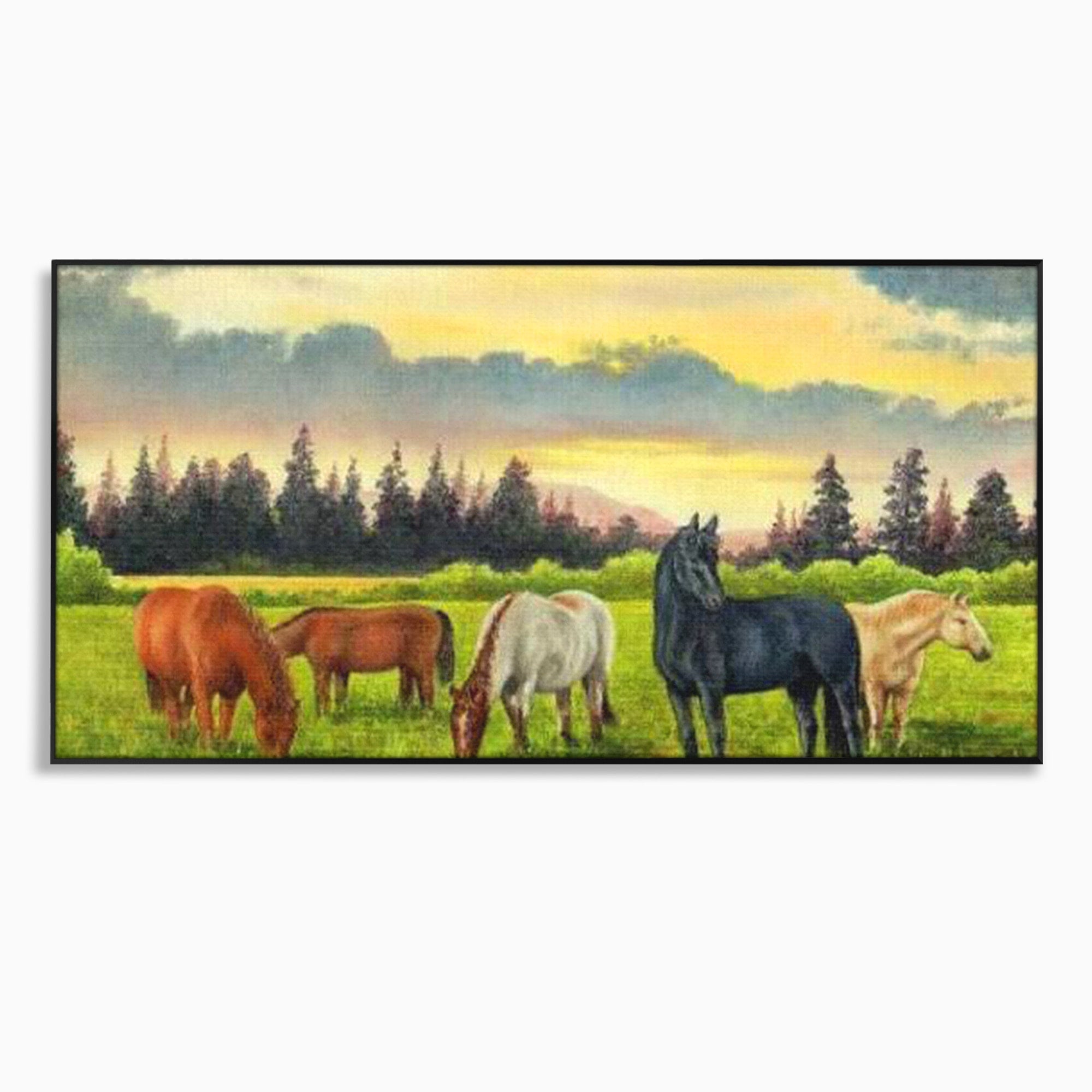 Tablou Canvas Premium LuxCanva® MI001, Cai In Apus Pastoral, Cai, Peisaj, Apus, Natura, Living, Dormitor, Culori Vibrante