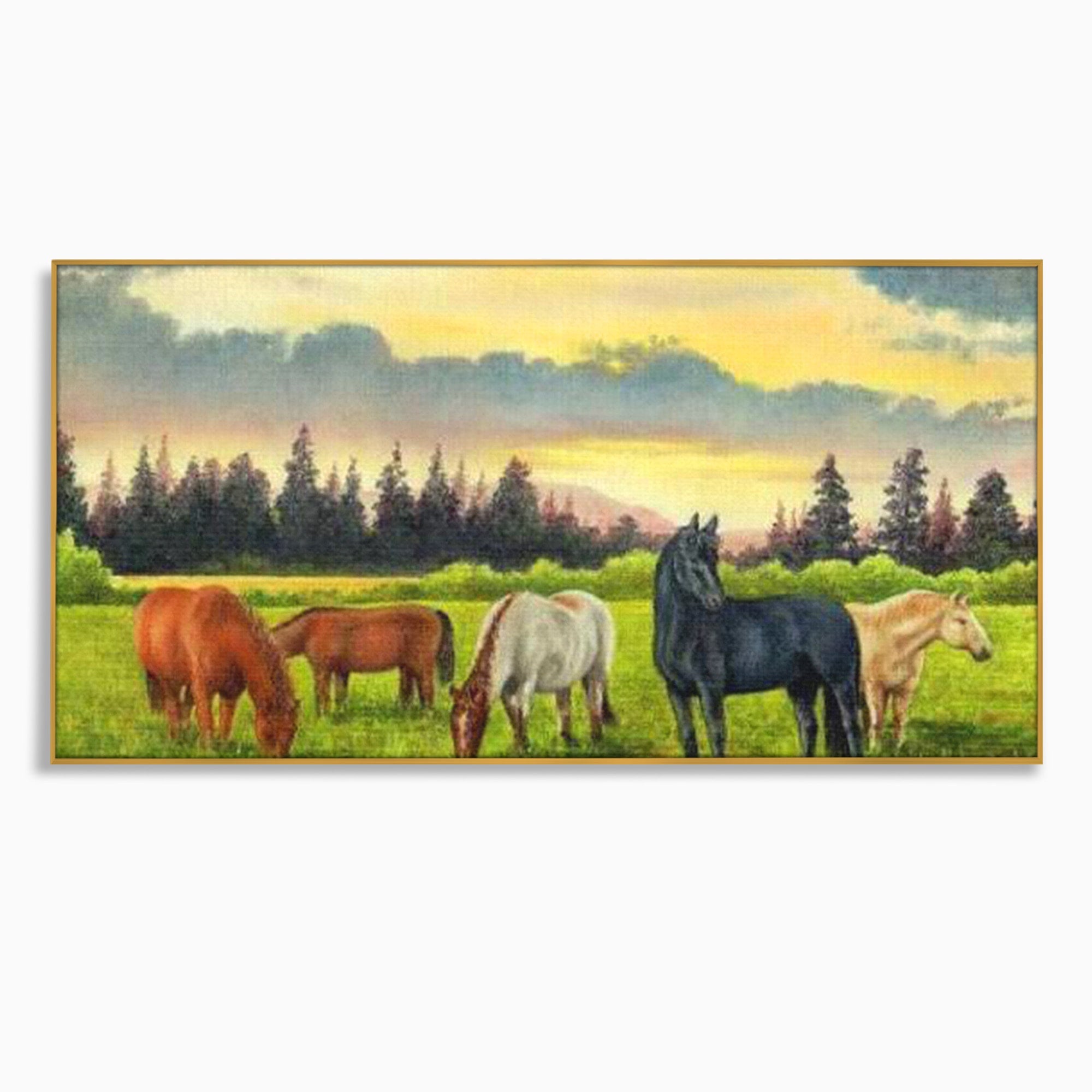 Tablou Canvas Premium LuxCanva® MI001, Cai In Apus Pastoral, Cai, Peisaj, Apus, Natura, Living, Dormitor, Culori Vibrante
