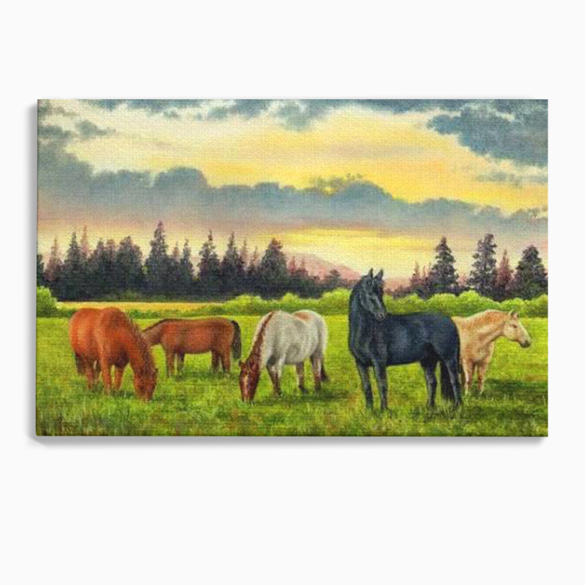 Tablou Canvas Premium LuxCanva® MI001, Cai In Apus Pastoral, Cai, Peisaj, Apus, Natura, Living, Dormitor, Culori Vibrante