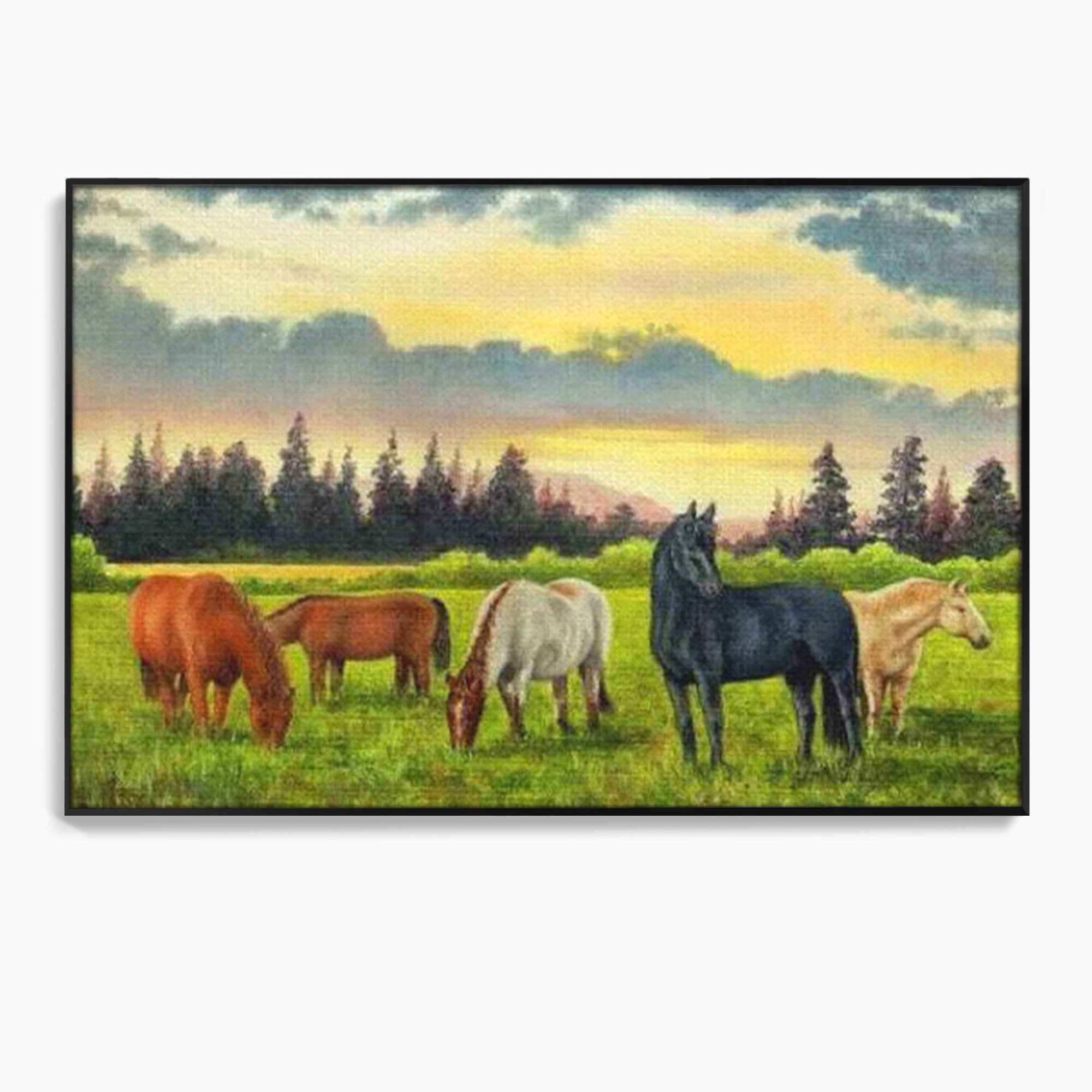 Tablou Canvas Premium LuxCanva® MI001, Cai In Apus Pastoral, Cai, Peisaj, Apus, Natura, Living, Dormitor, Culori Vibrante