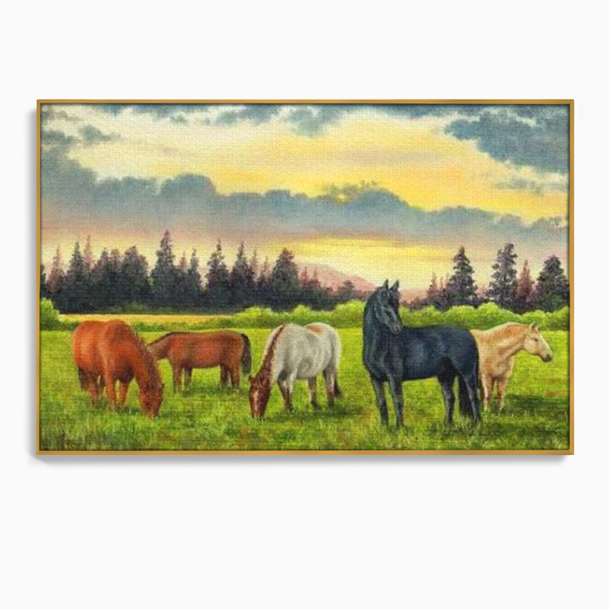 Tablou Canvas Premium LuxCanva® MI001, Cai In Apus Pastoral, Cai, Peisaj, Apus, Natura, Living, Dormitor, Culori Vibrante