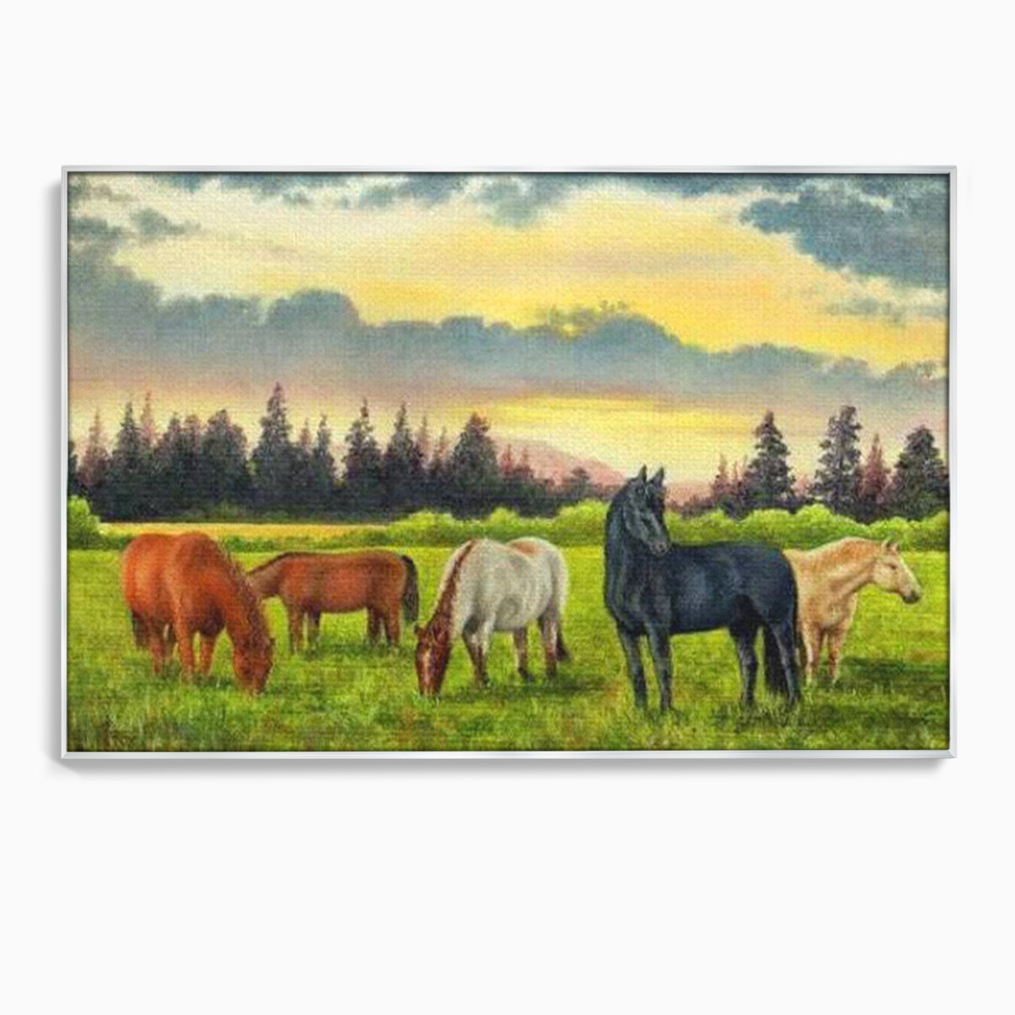 Tablou Canvas Premium LuxCanva® MI001, Cai In Apus Pastoral, Cai, Peisaj, Apus, Natura, Living, Dormitor, Culori Vibrante