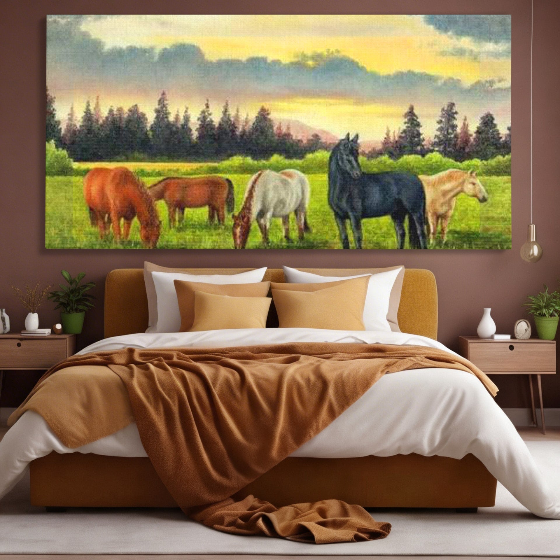 Tablou Canvas Premium LuxCanva® MI001, Cai In Apus Pastoral, Cai, Peisaj, Apus, Natura, Living, Dormitor, Culori Vibrante