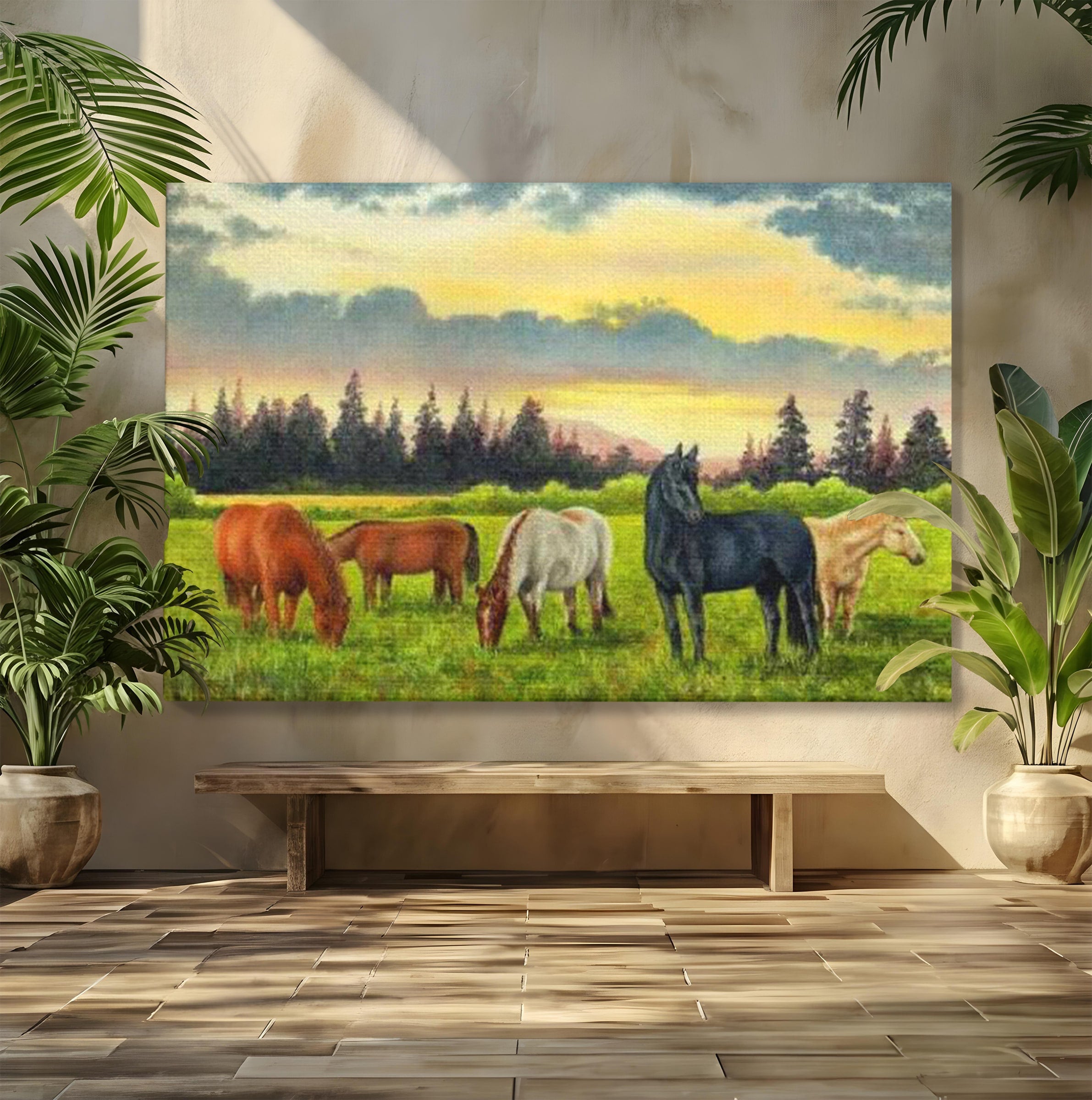 Tablou Canvas Premium LuxCanva® MI001, Cai In Apus Pastoral, Cai, Peisaj, Apus, Natura, Living, Dormitor, Culori Vibrante
